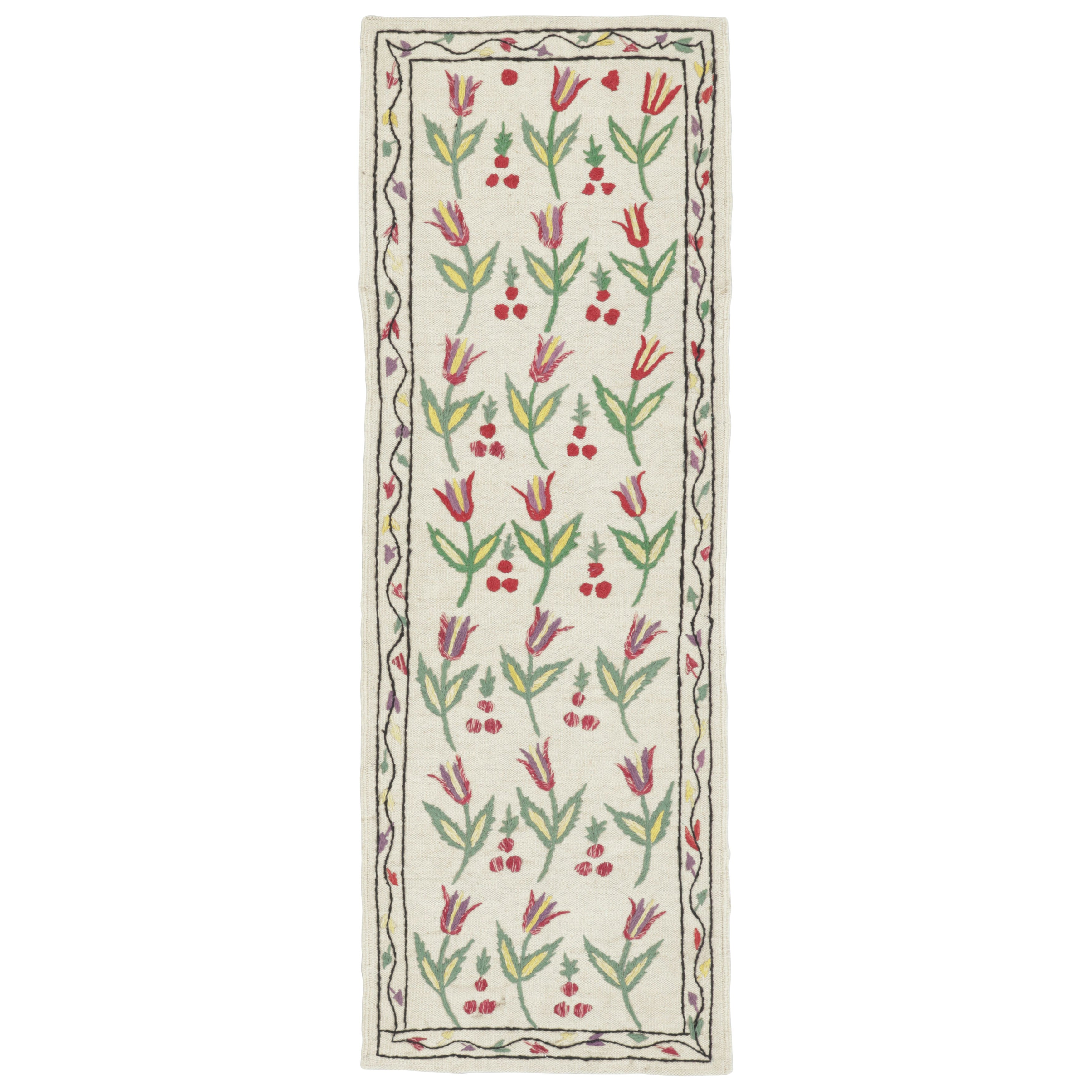 Traves de Mesa Suzani de Rug
Kilim, Blanco con Tulipanes Florales