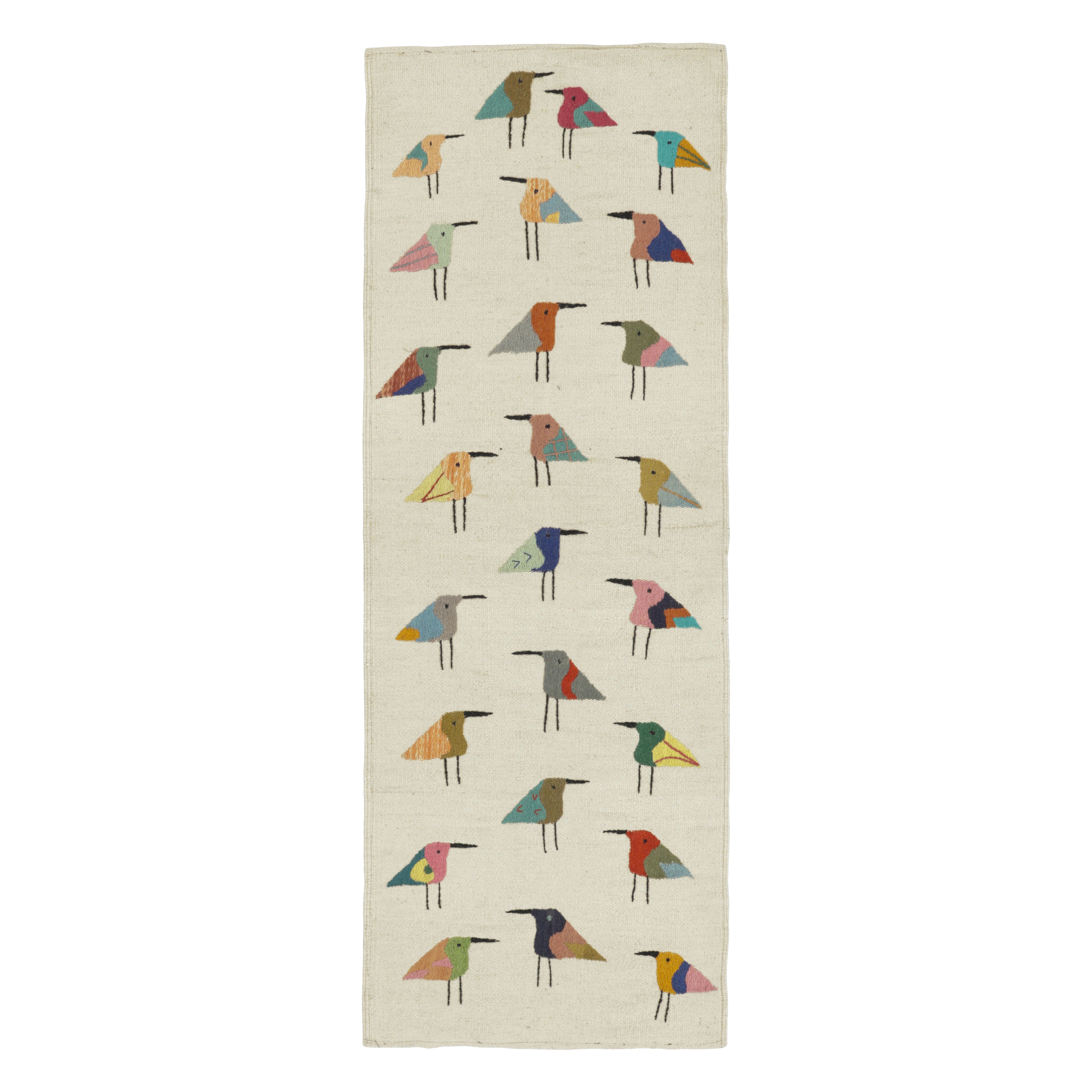 Traves de Mesa Suzani de Rug 
Kilim, Blanco con Dibujos de Pájaros Juguetones