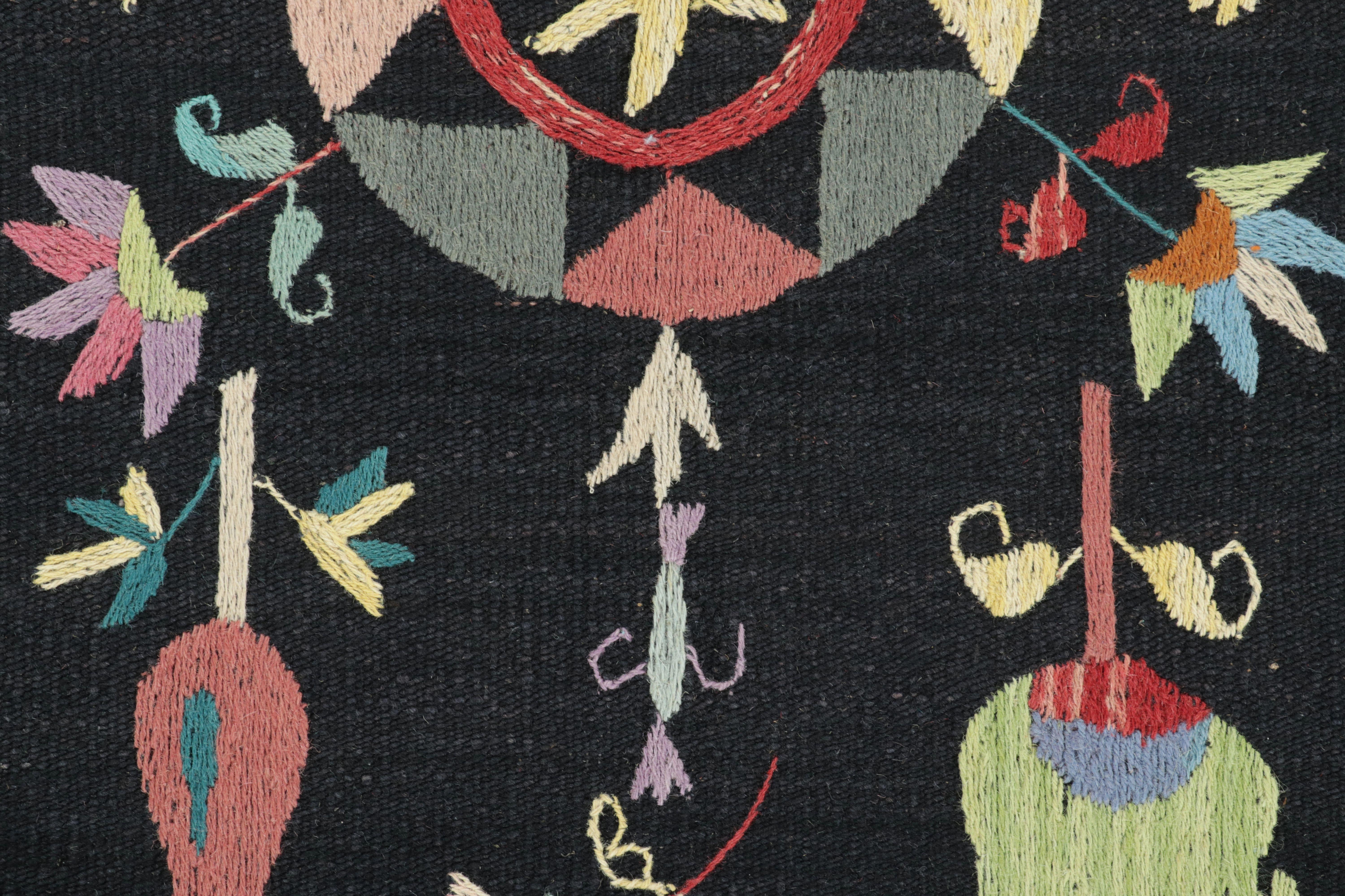 Pakistani Rug & Kilim’s Suzani-Inspired Kilim, Vibrant Floral Medallions over Black For Sale