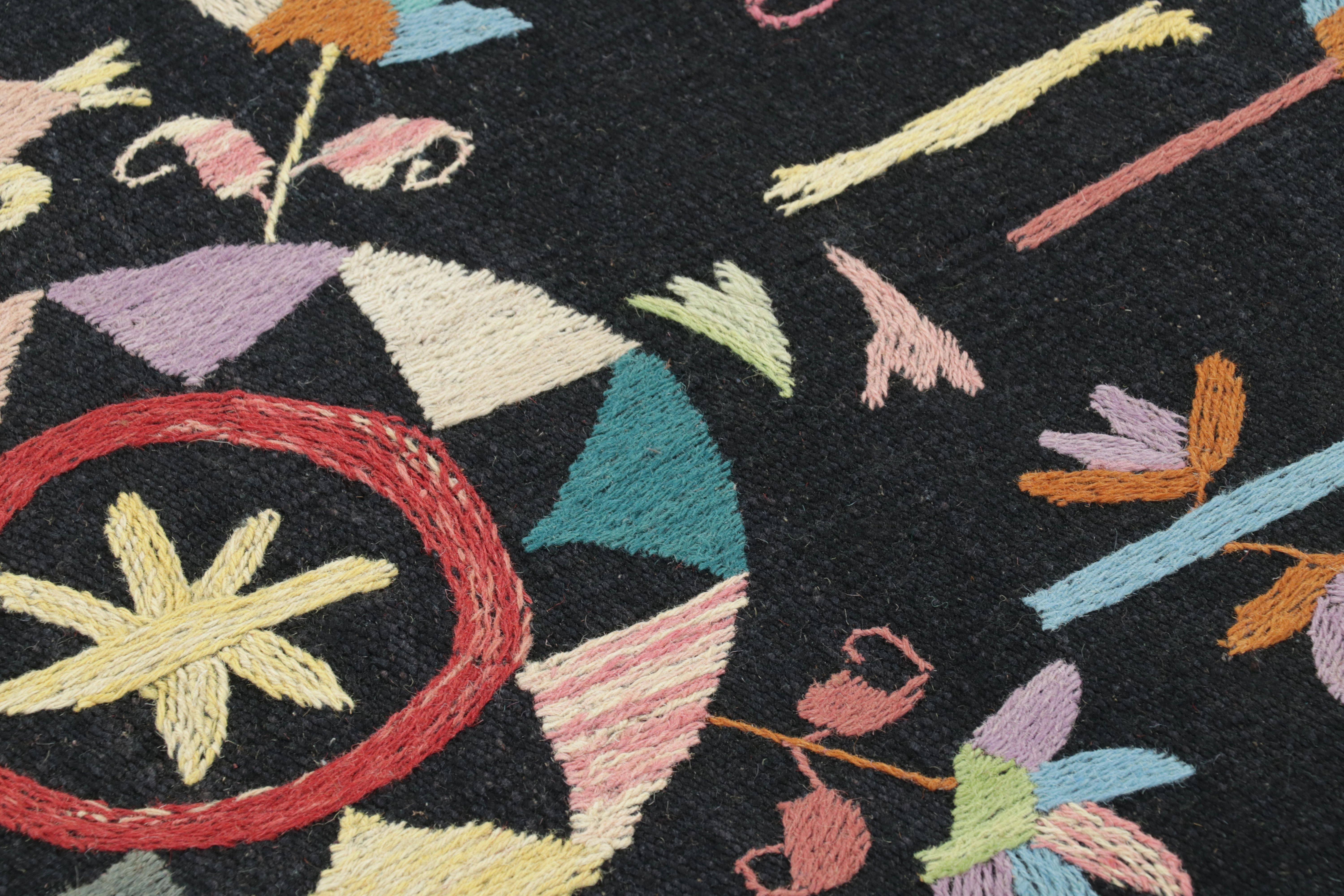 Hand-Woven Rug & Kilim’s Suzani-Inspired Kilim, Vibrant Floral Medallions over Black For Sale