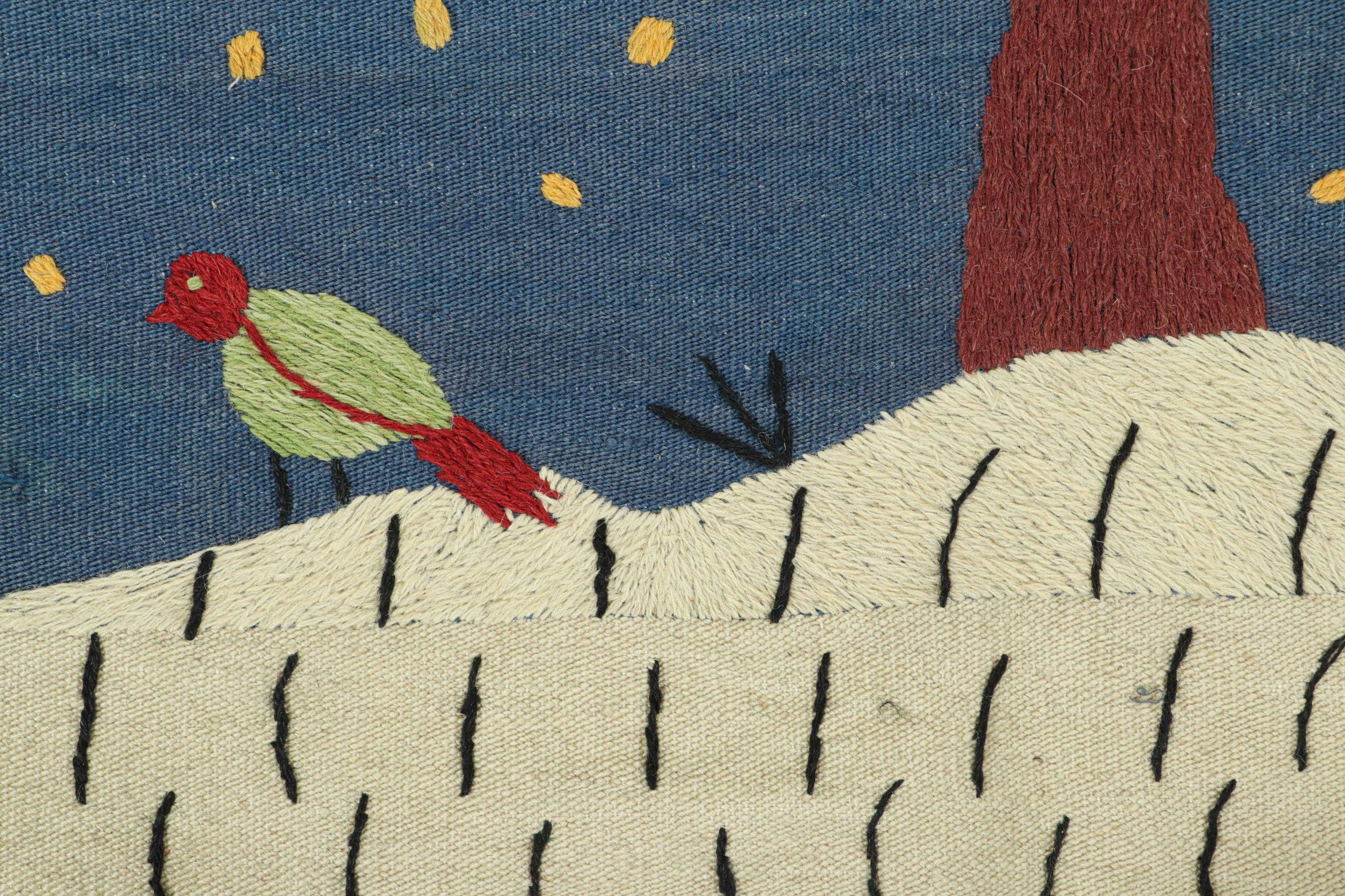 Pakistani Rug & Kilim’s Suzani Style Kilim in Blue with Polychrome Tree and Bird Pictorial For Sale