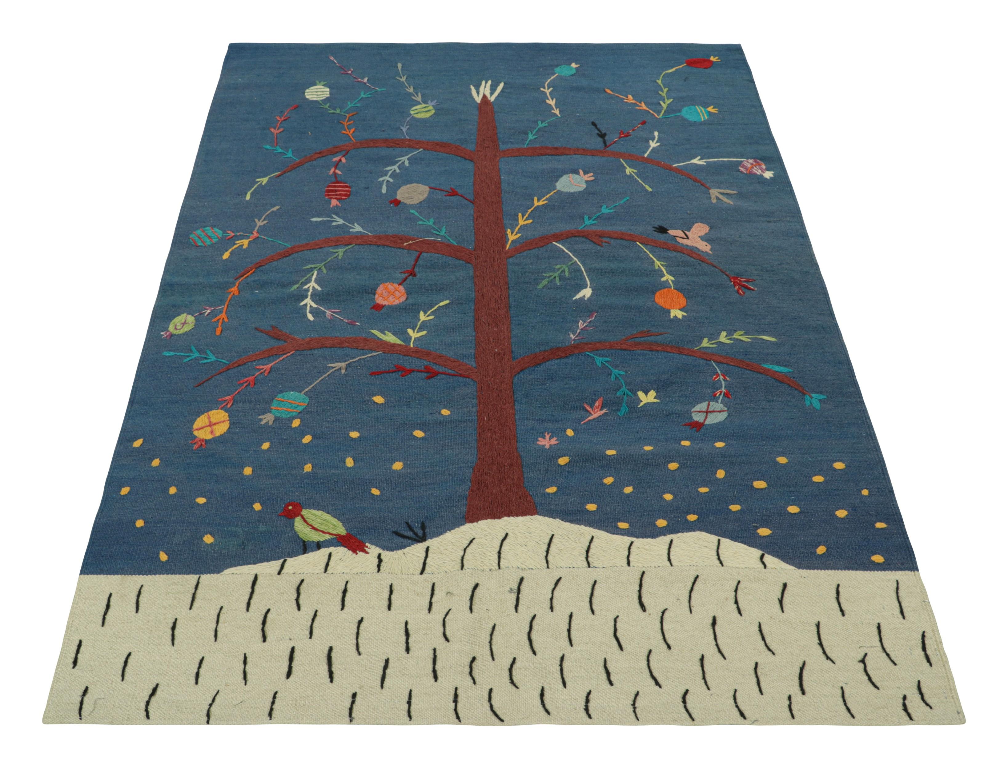 Rug & Kilim’s Suzani Style Kilim in Blue with Polychrome Tree and Bird Pictorial In New Condition For Sale In Long Island City, NY