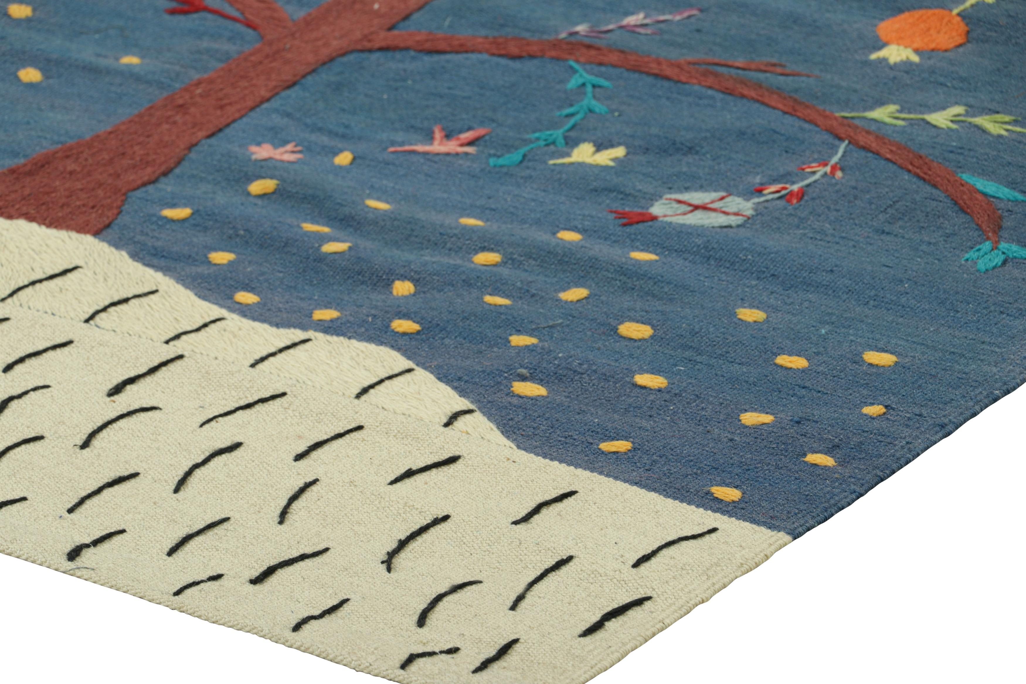 Contemporary Rug & Kilim’s Suzani Style Kilim in Blue with Polychrome Tree and Bird Pictorial For Sale