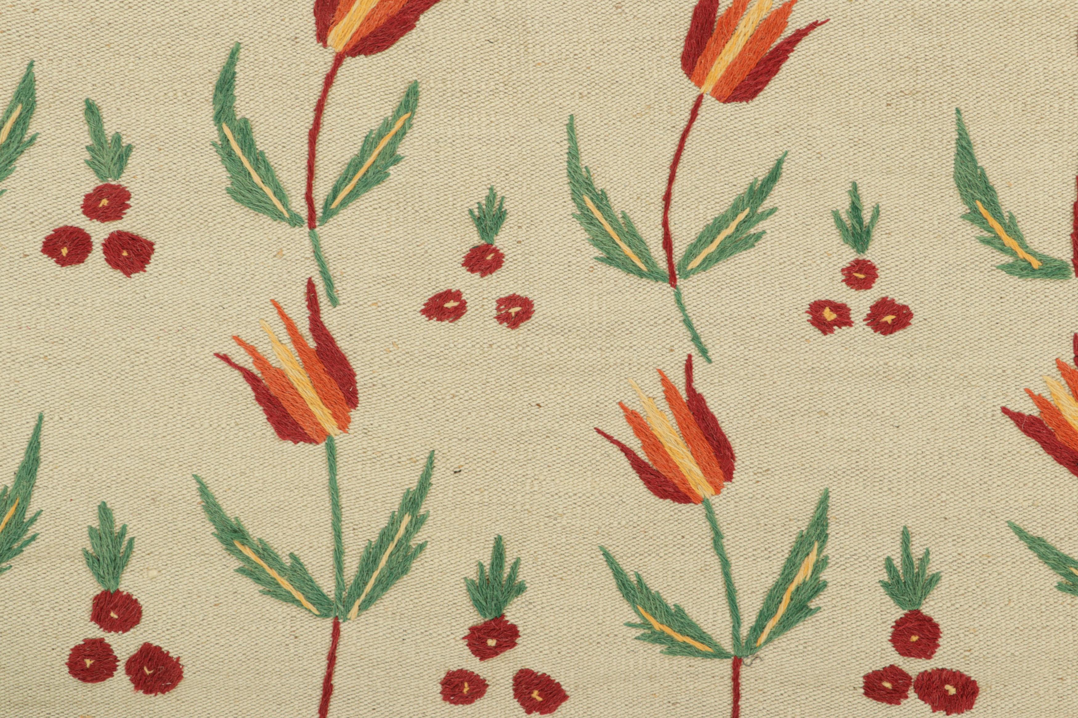 Pakistani Rug & Kilim’s Suzani Style Kilim in Cream and Warm Polychromatic Floral Patterns For Sale