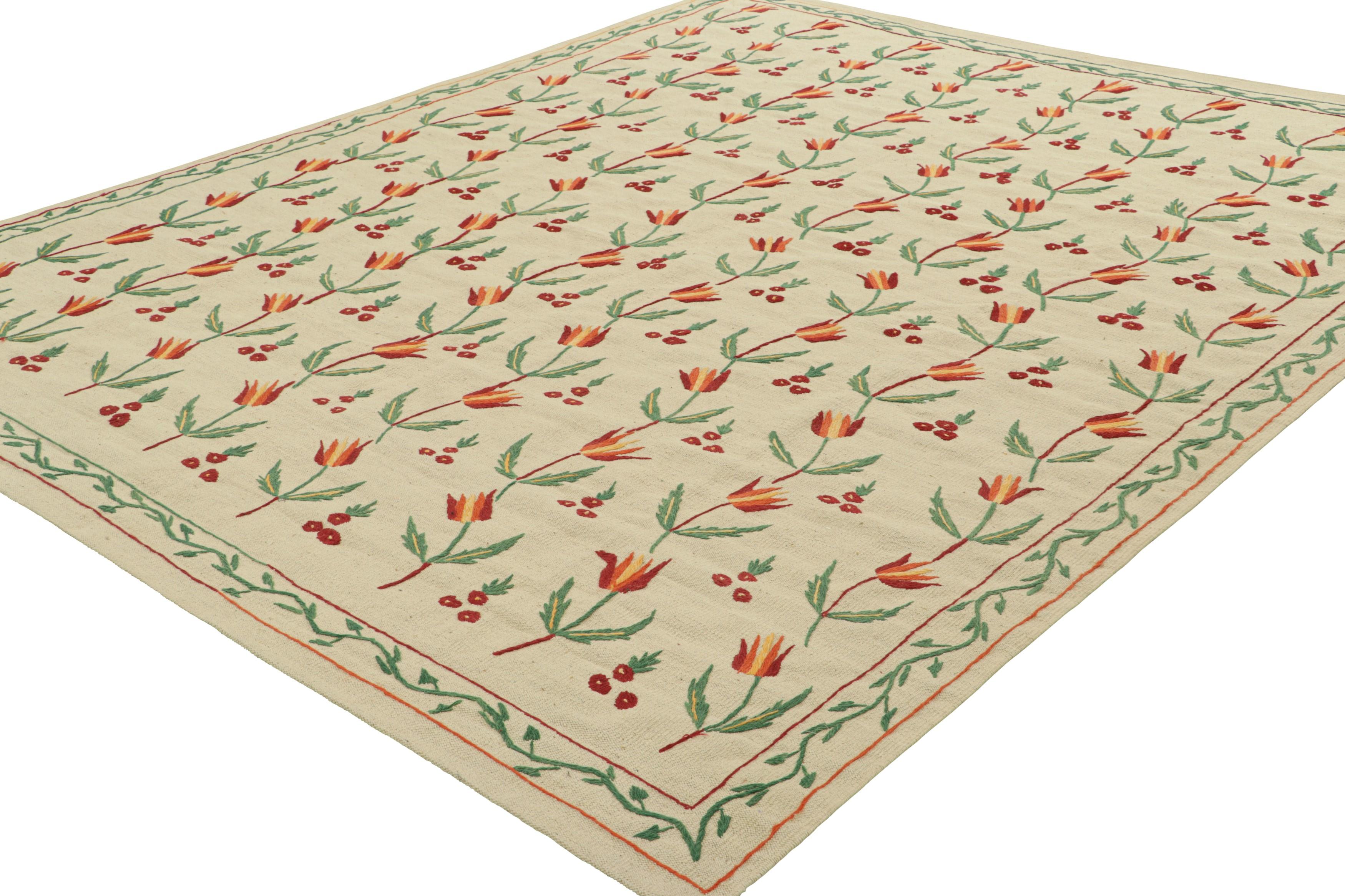 Hand-Woven Rug & Kilim’s Suzani Style Kilim in Cream and Warm Polychromatic Floral Patterns For Sale