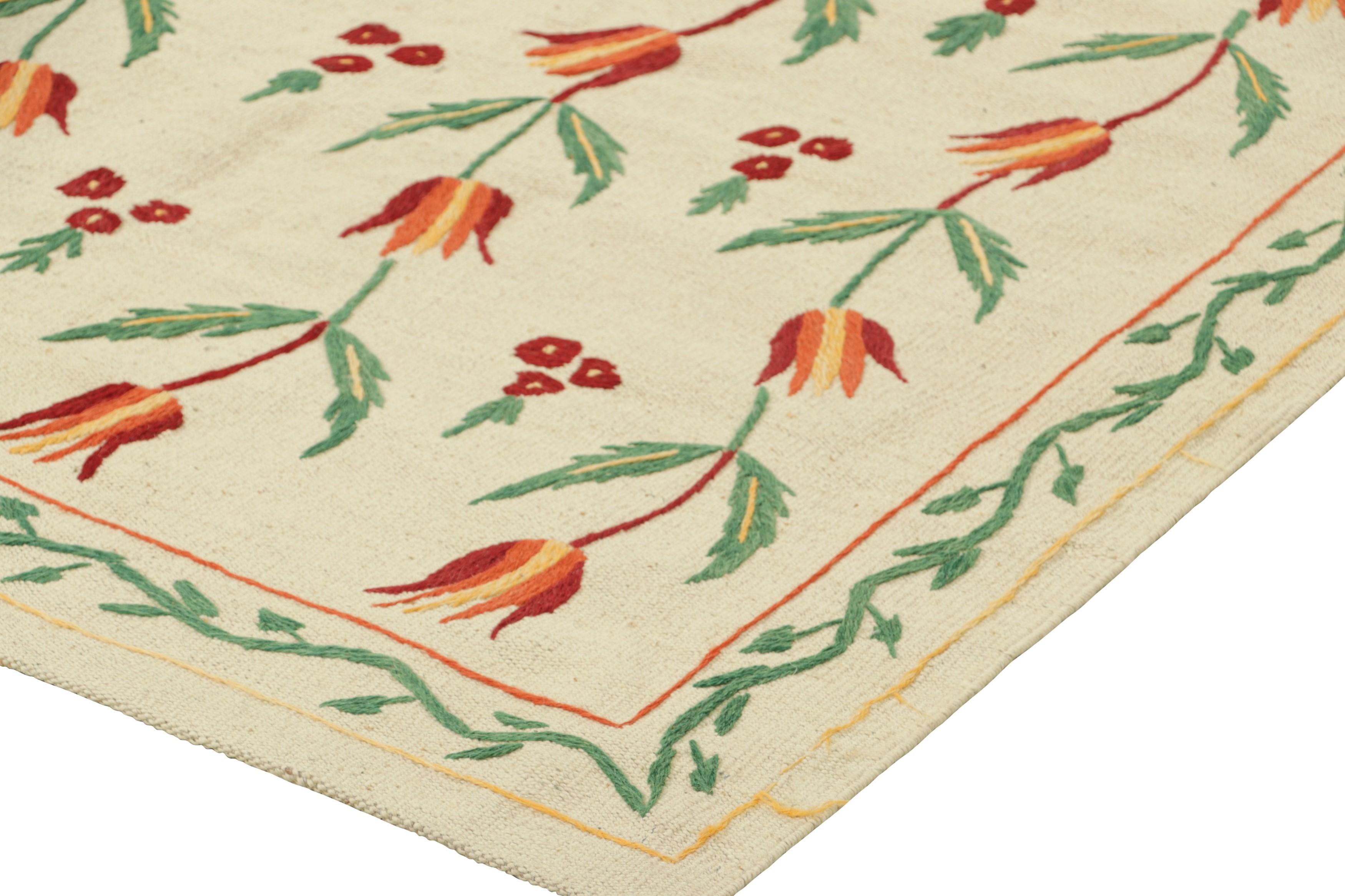Contemporary Rug & Kilim’s Suzani Style Kilim in Cream and Warm Polychromatic Floral Patterns For Sale