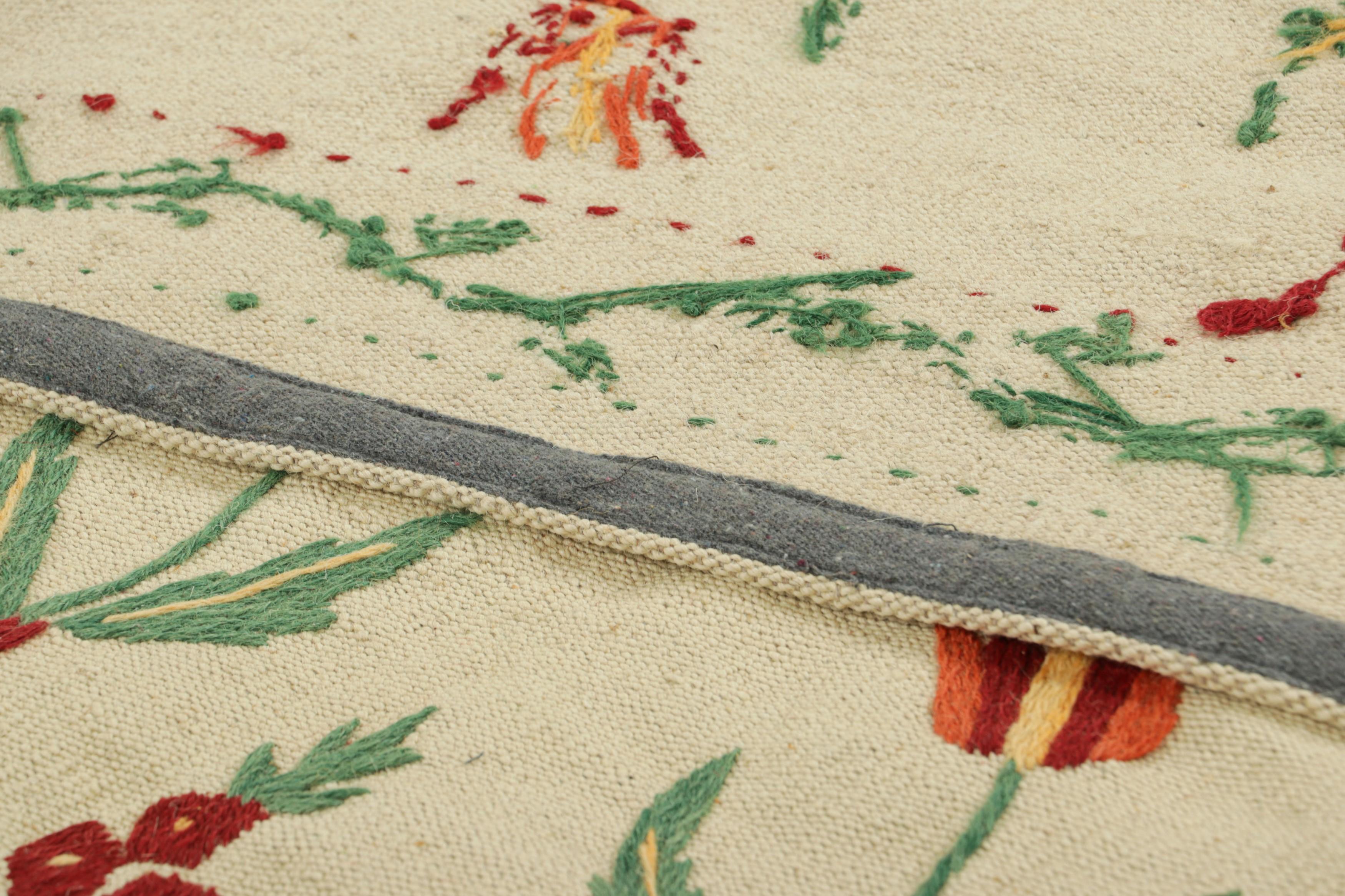 Wool Rug & Kilim’s Suzani Style Kilim in Cream and Warm Polychromatic Floral Patterns For Sale