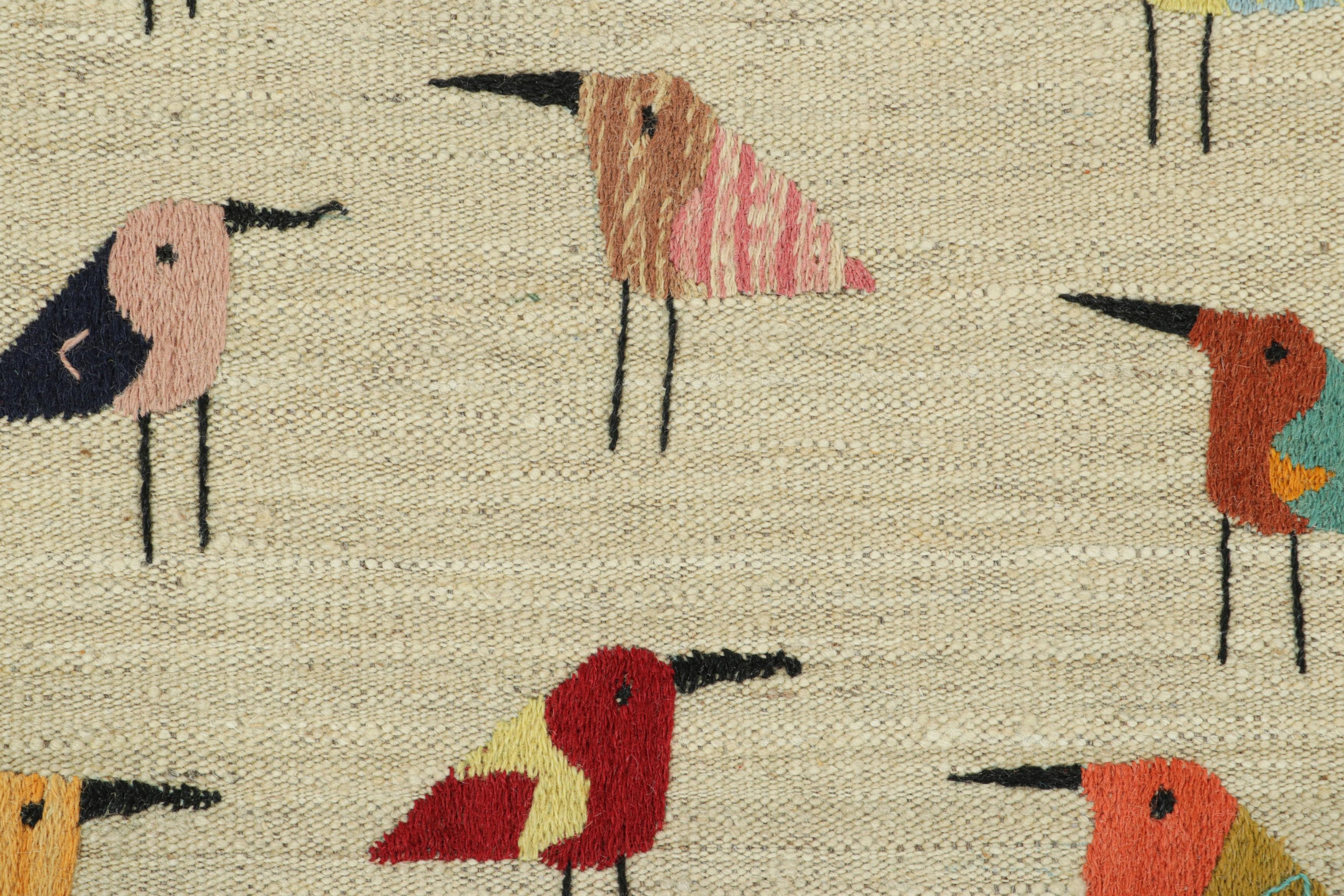 Pakistani Rug & Kilim’s Suzani Style Kilim in Cream with Polychromatic Bird Pictorials For Sale
