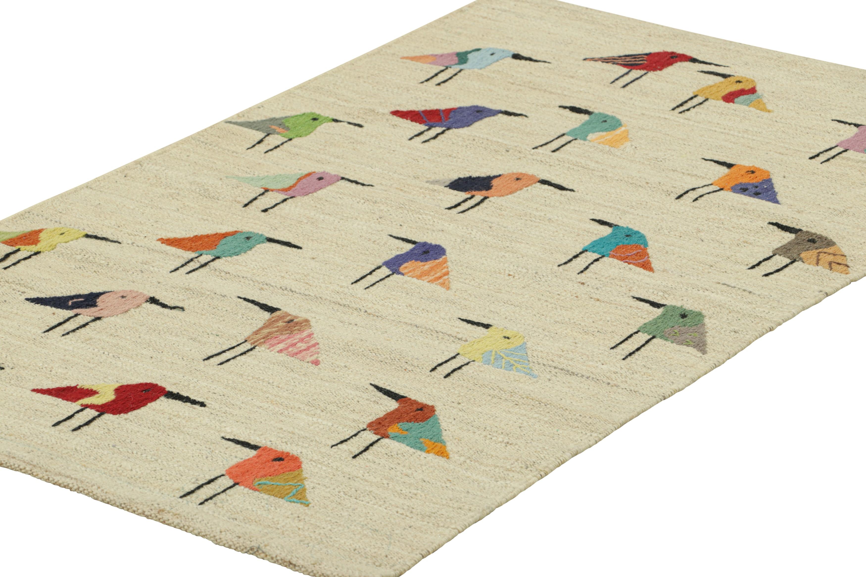 Hand-Woven Rug & Kilim’s Suzani Style Kilim in Cream with Polychromatic Bird Pictorials For Sale