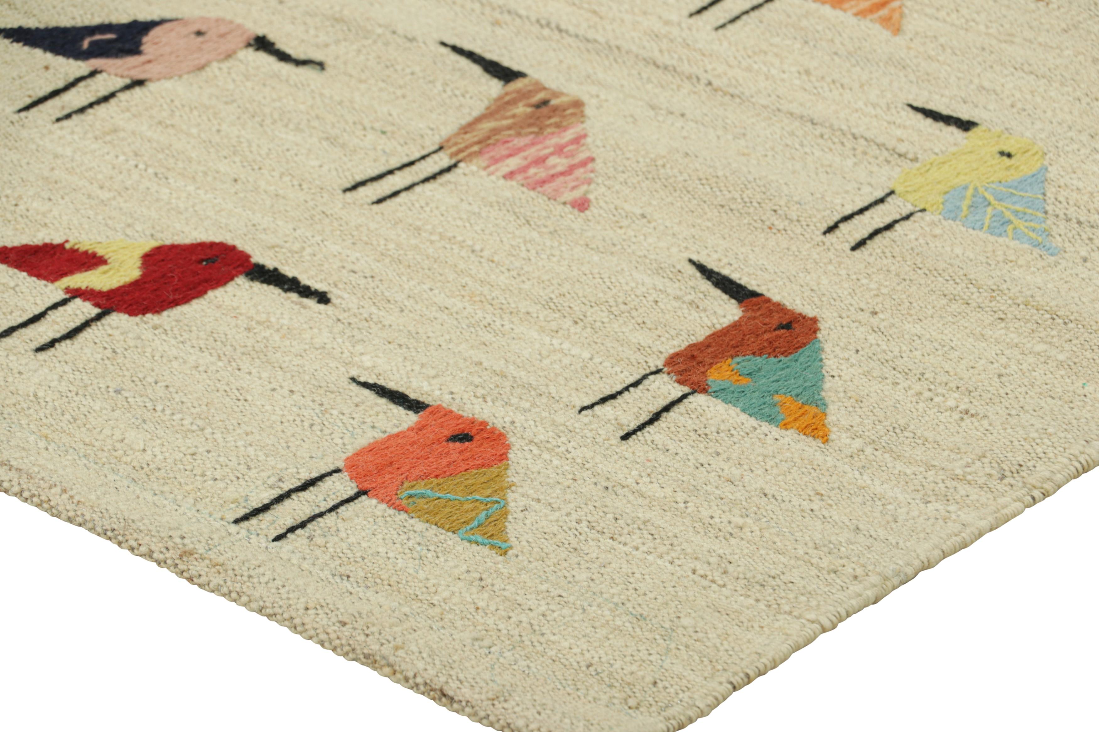 Contemporary Rug & Kilim’s Suzani Style Kilim in Cream with Polychromatic Bird Pictorials For Sale