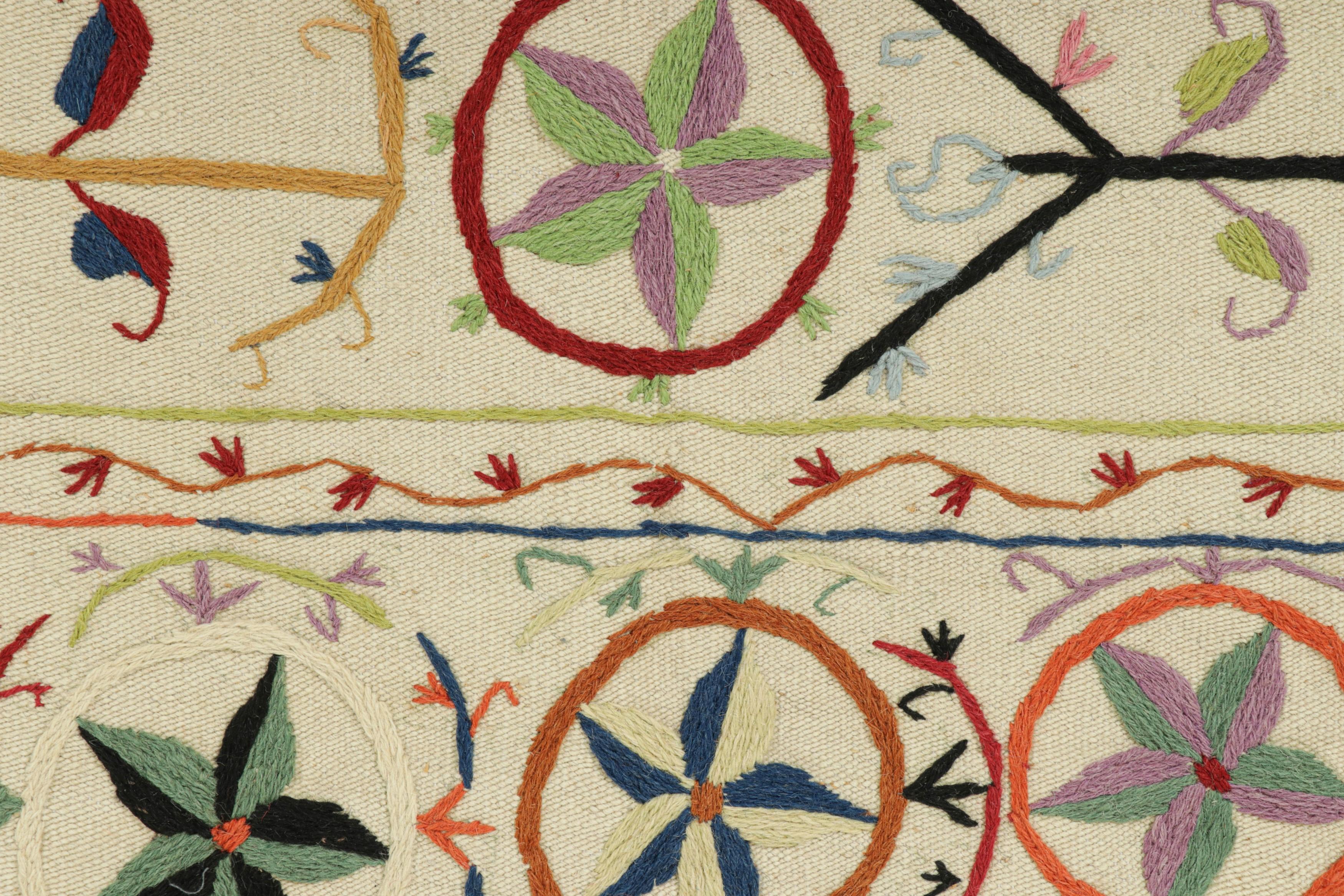 Pakistani Rug & Kilim’s Suzani Style Kilim in Cream with Polychromatic Floral Patterns For Sale