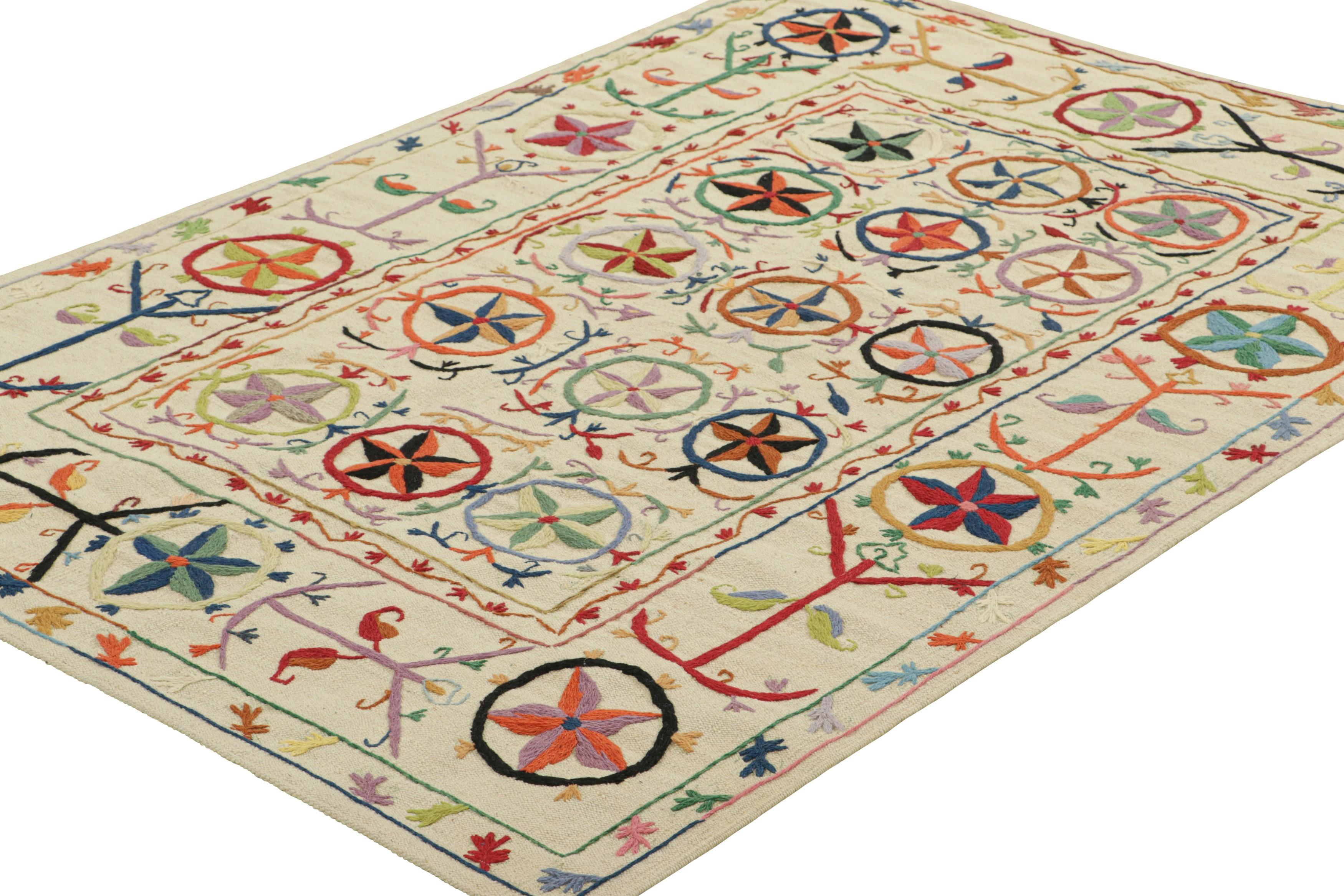 Hand-Woven Rug & Kilim’s Suzani Style Kilim in Cream with Polychromatic Floral Patterns For Sale