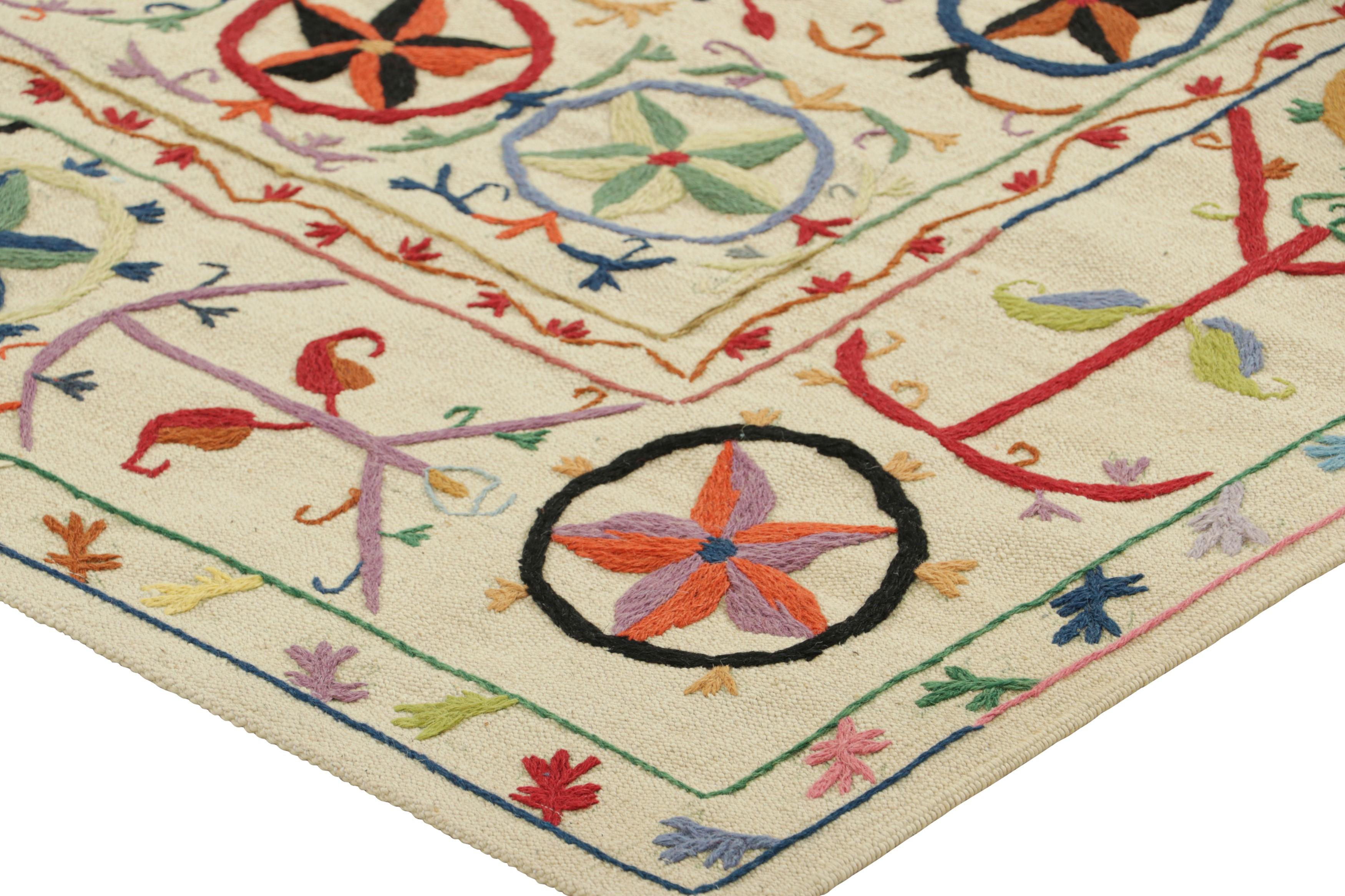 Contemporary Rug & Kilim’s Suzani Style Kilim in Cream with Polychromatic Floral Patterns For Sale