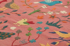 Rug & Kilim’s Suzani Style Kilim in Pink with Bird Pictorials and Florals