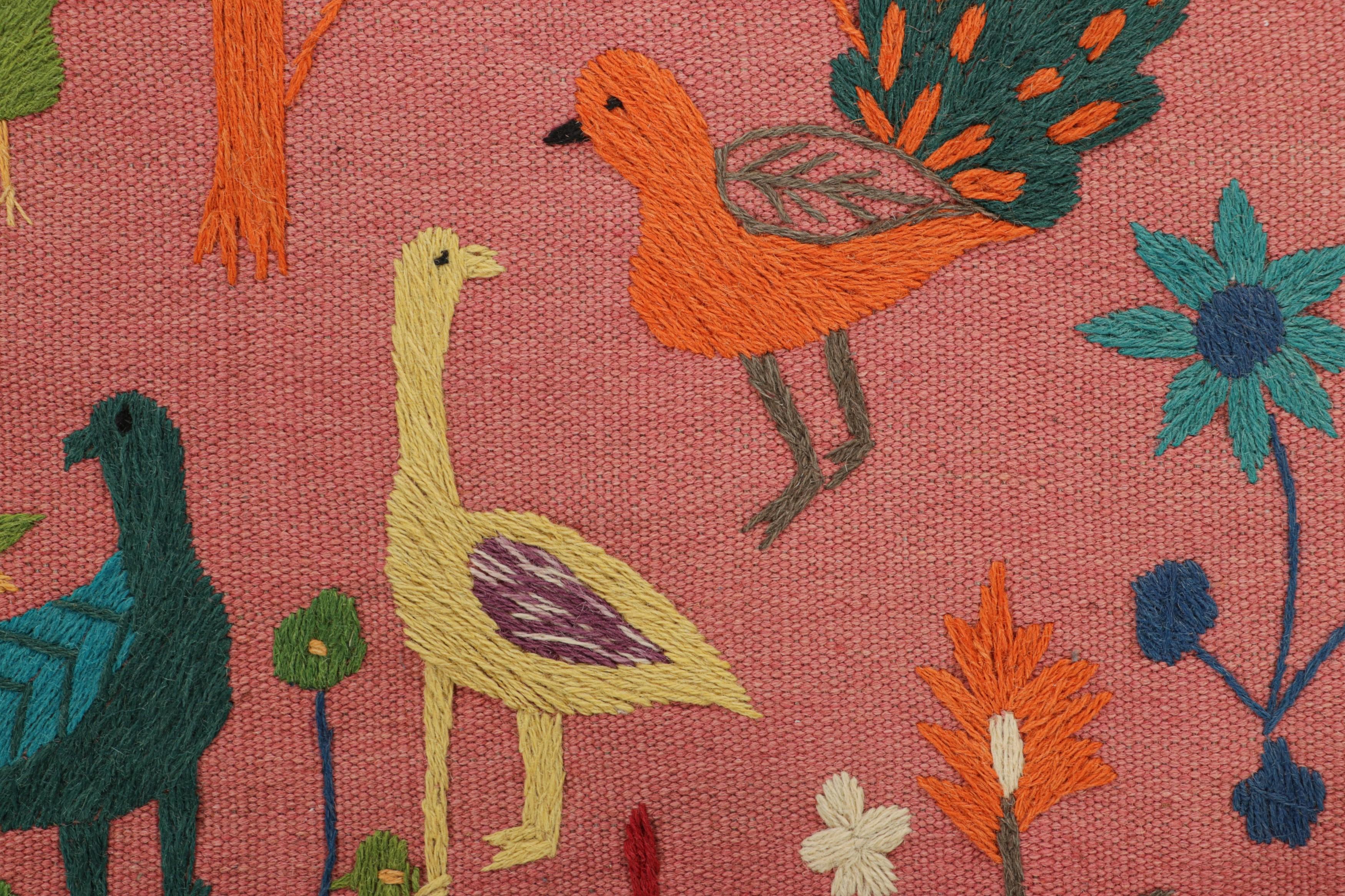 Pakistani Rug & Kilim’s Suzani Style Kilim in Pink with Bird Pictorials and Florals For Sale