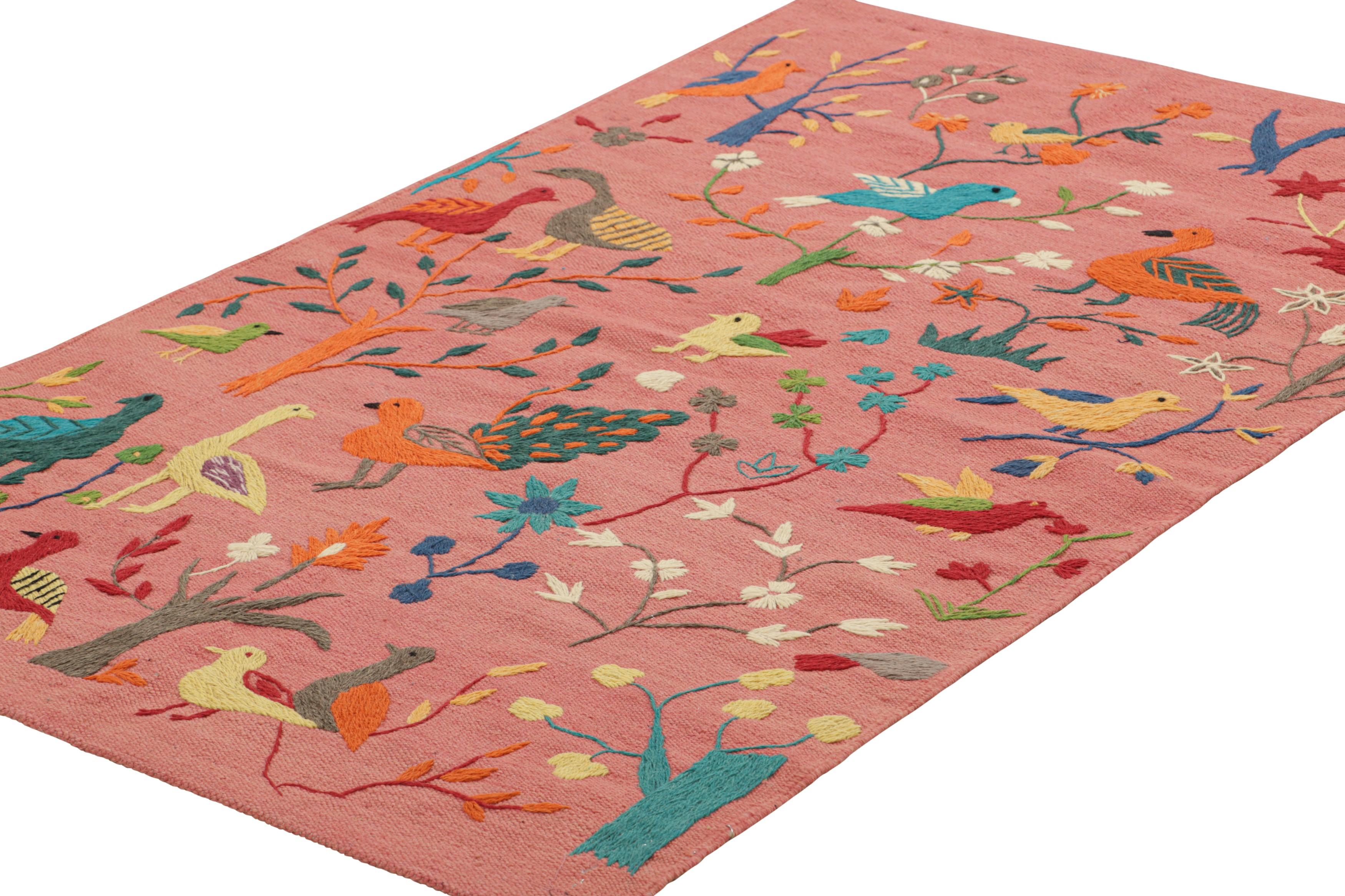 Hand-Woven Rug & Kilim’s Suzani Style Kilim in Pink with Bird Pictorials and Florals For Sale
