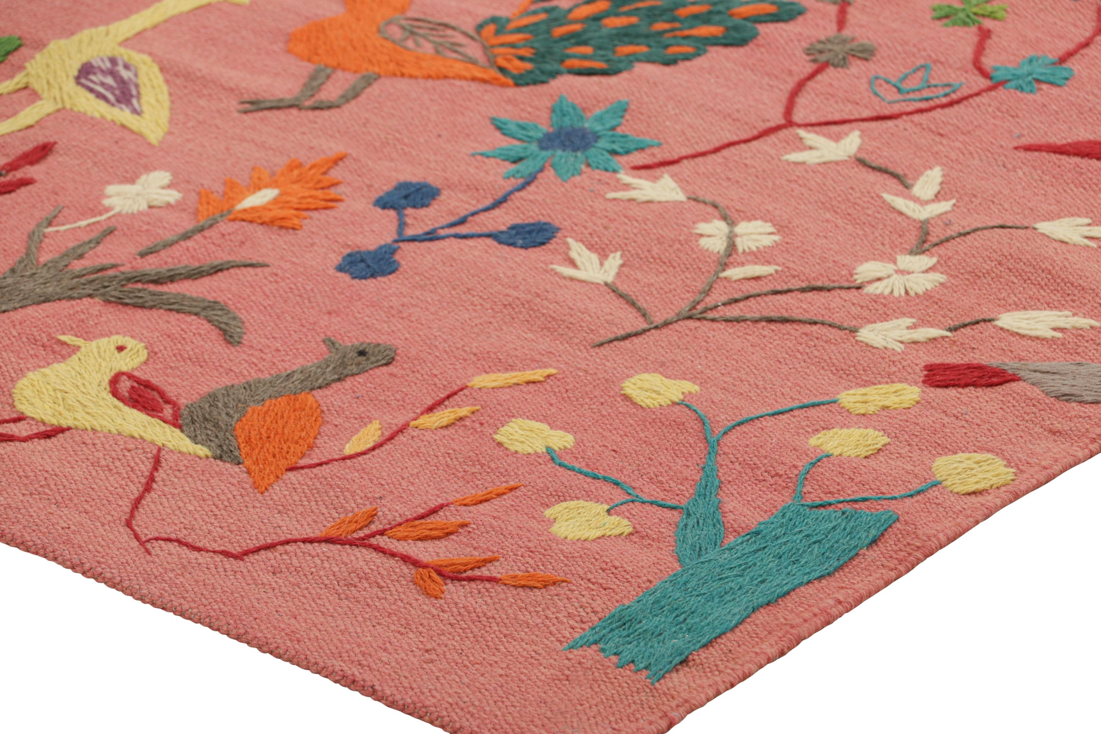 Contemporary Rug & Kilim’s Suzani Style Kilim in Pink with Bird Pictorials and Florals For Sale