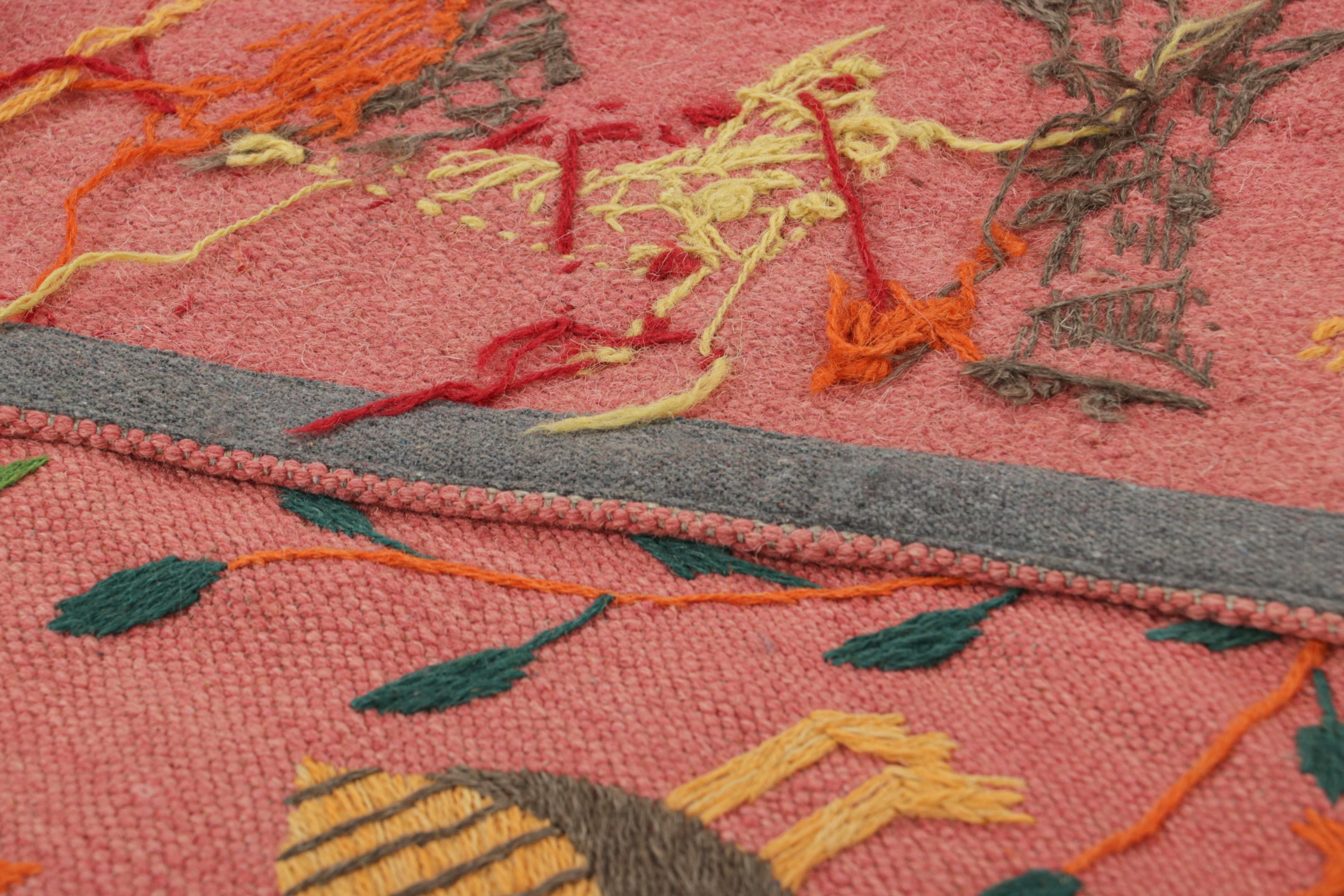 Wool Rug & Kilim’s Suzani Style Kilim in Pink with Bird Pictorials and Florals For Sale