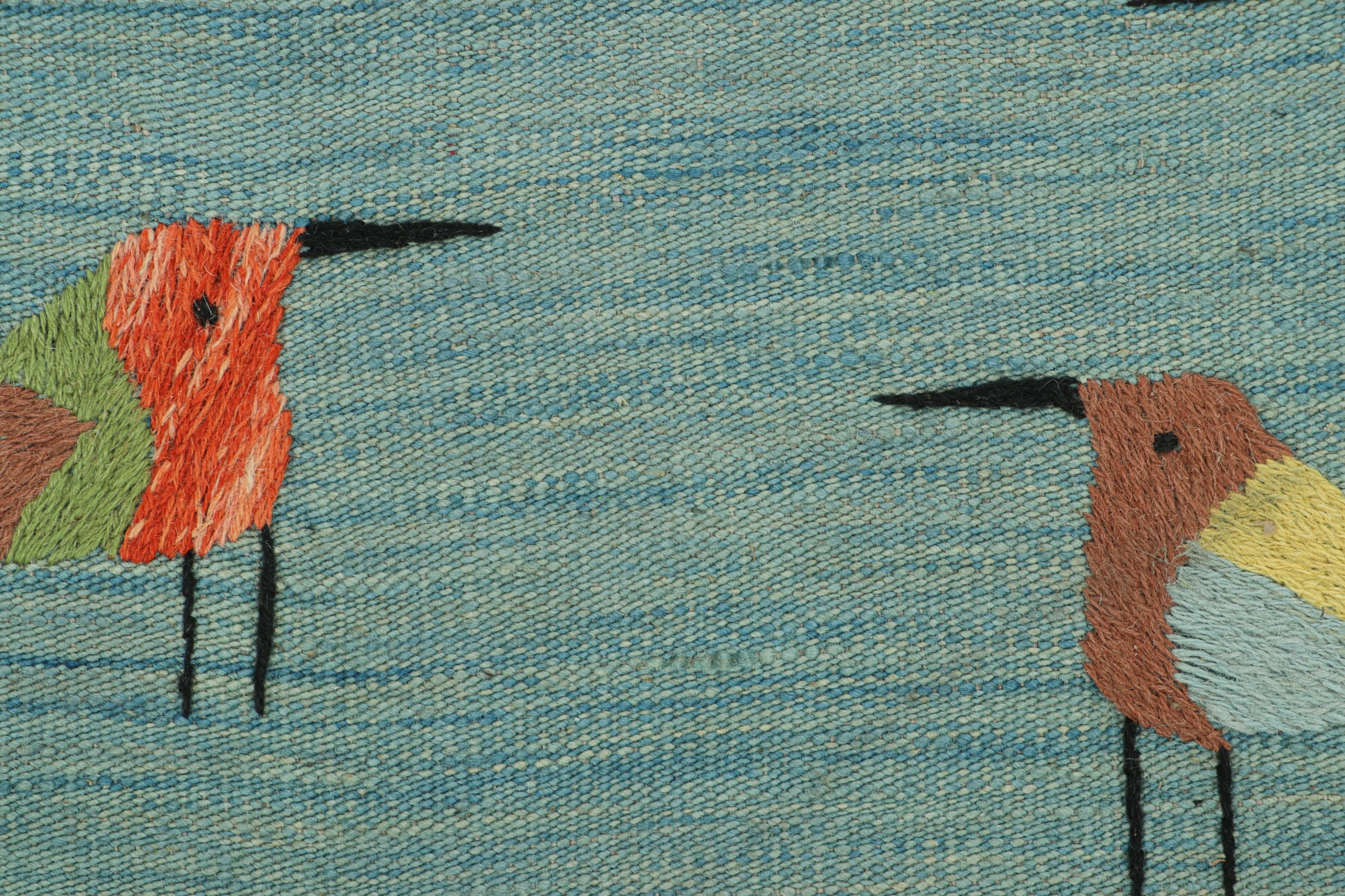 Pakistani Rug & Kilim’s Suzani Style Kilim in Sky Blue with Polychromatic Bird Pictorials For Sale