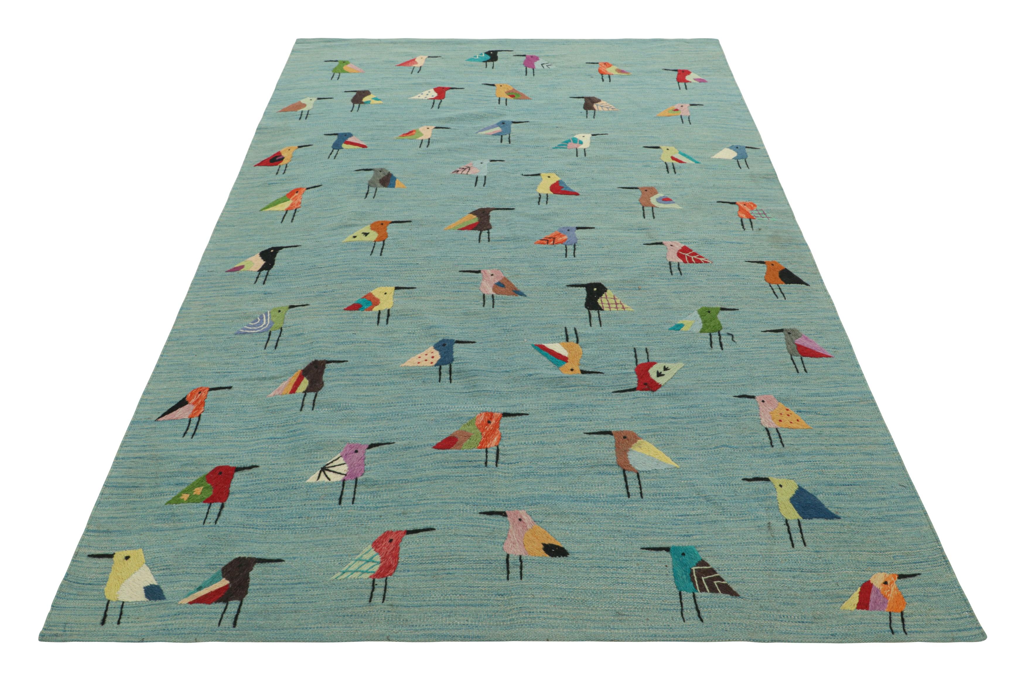 Rug & Kilim’s Suzani Style Kilim in Sky Blue with Polychromatic Bird Pictorials In New Condition For Sale In Long Island City, NY