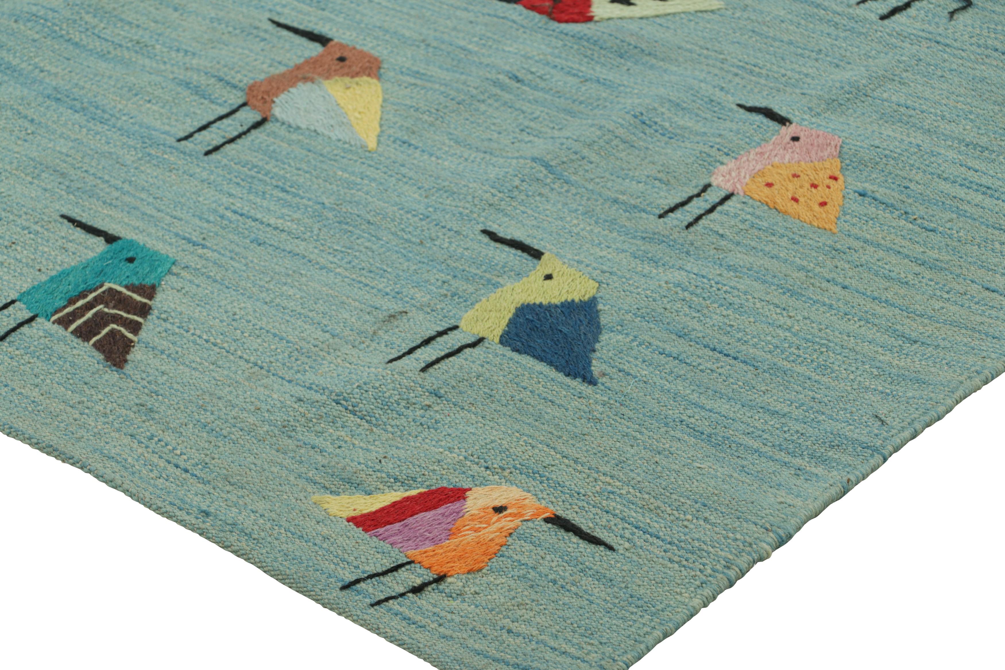 Contemporary Rug & Kilim’s Suzani Style Kilim in Sky Blue with Polychromatic Bird Pictorials For Sale