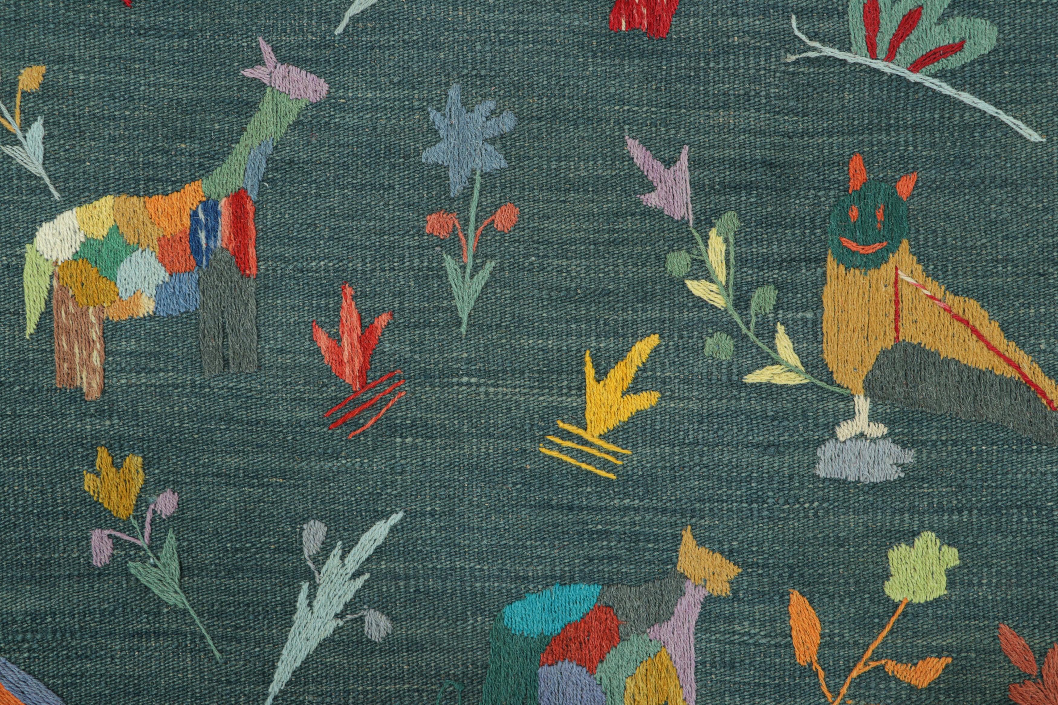 Pakistani Rug & Kilim’s Suzani Style Kilim in Teal with Animal Pictorials and Florals For Sale