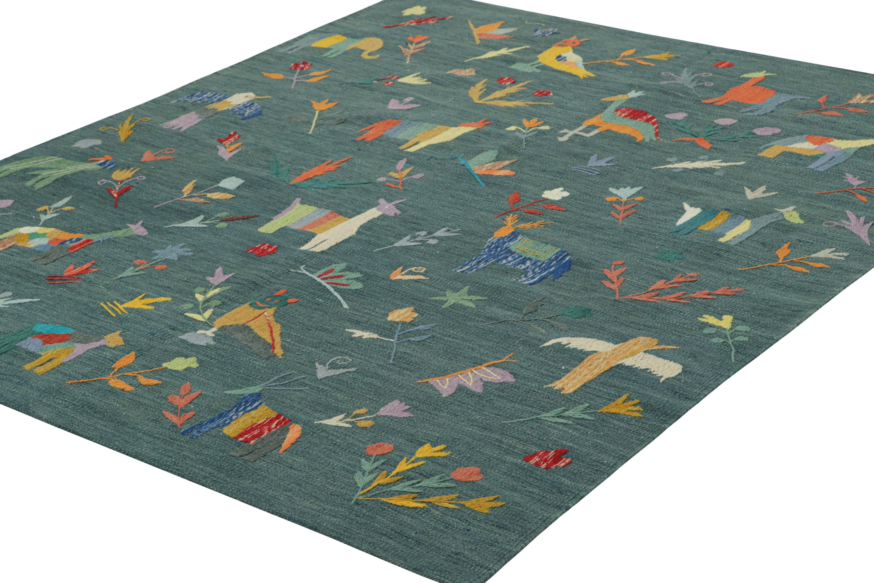 Hand-Woven Rug & Kilim’s Suzani Style Kilim in Teal with Animal Pictorials and Florals For Sale