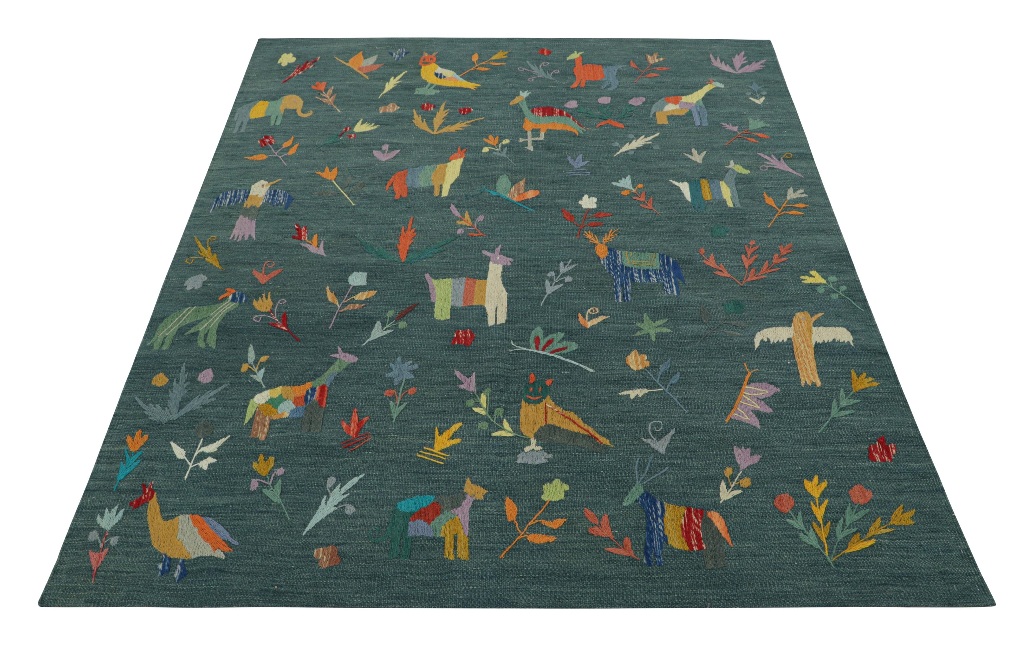 Rug & Kilim’s Suzani Style Kilim in Teal with Animal Pictorials and Florals In New Condition For Sale In Long Island City, NY