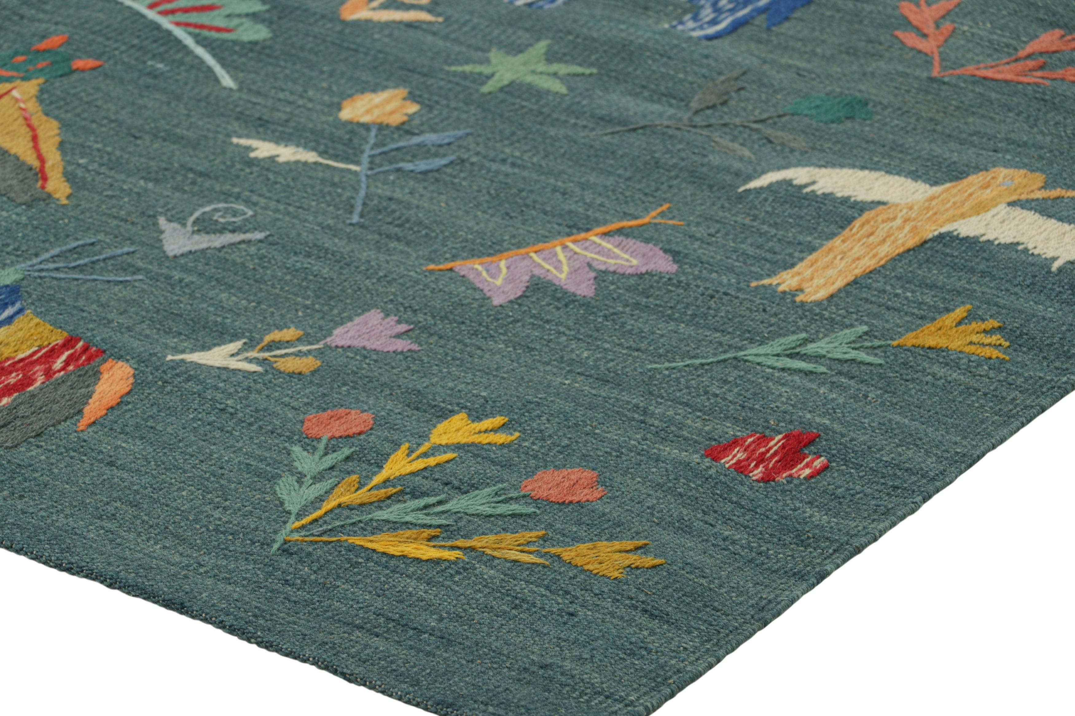 Contemporary Rug & Kilim’s Suzani Style Kilim in Teal with Animal Pictorials and Florals For Sale