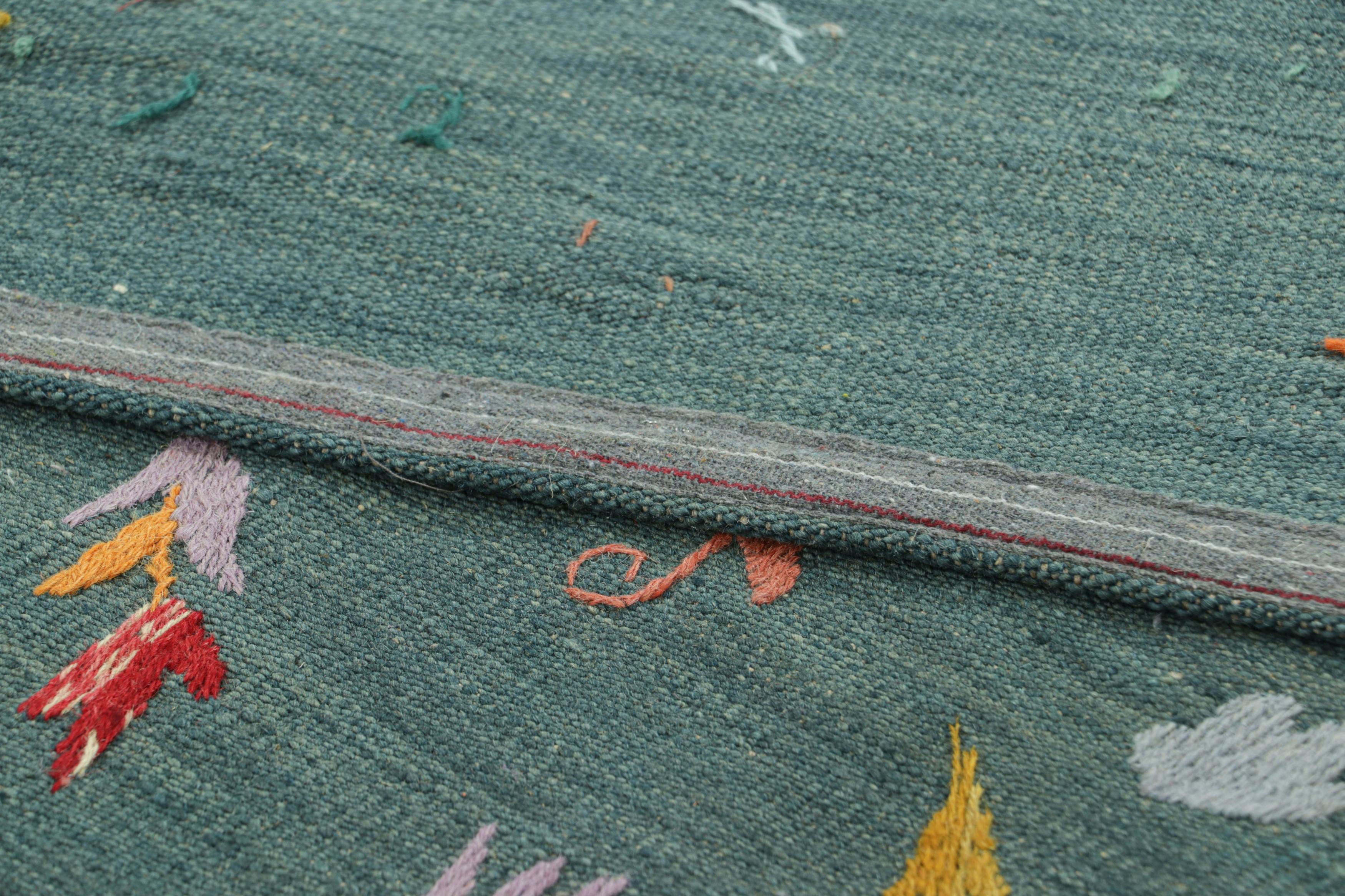 Wool Rug & Kilim’s Suzani Style Kilim in Teal with Animal Pictorials and Florals For Sale