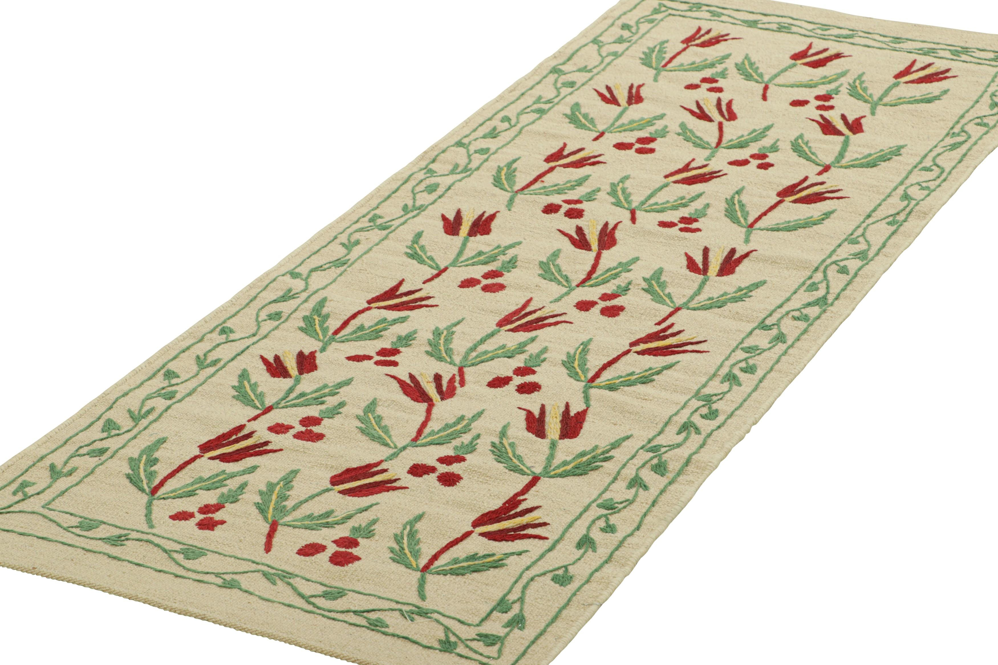 Hand-Woven Rug & Kilim’s Suzani Style Kilim Runner Rug in Cream with Floral Patterns For Sale