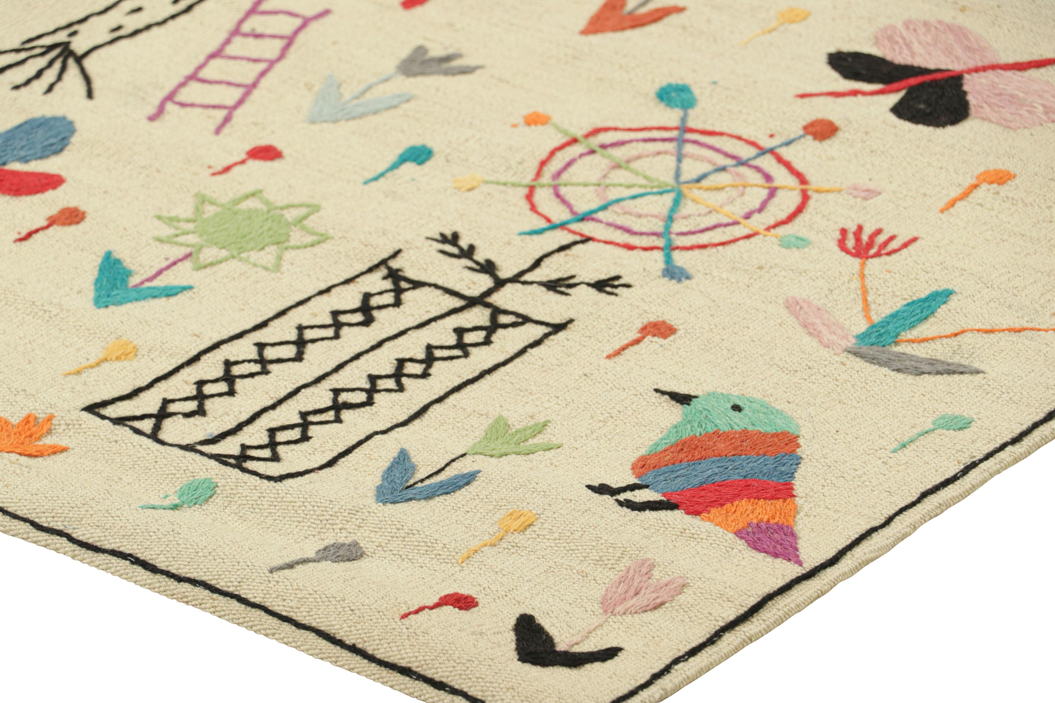 Contemporary Rug & Kilim’s Suzani Style Kilim Runner Rug with Polychromatic Pictorials For Sale