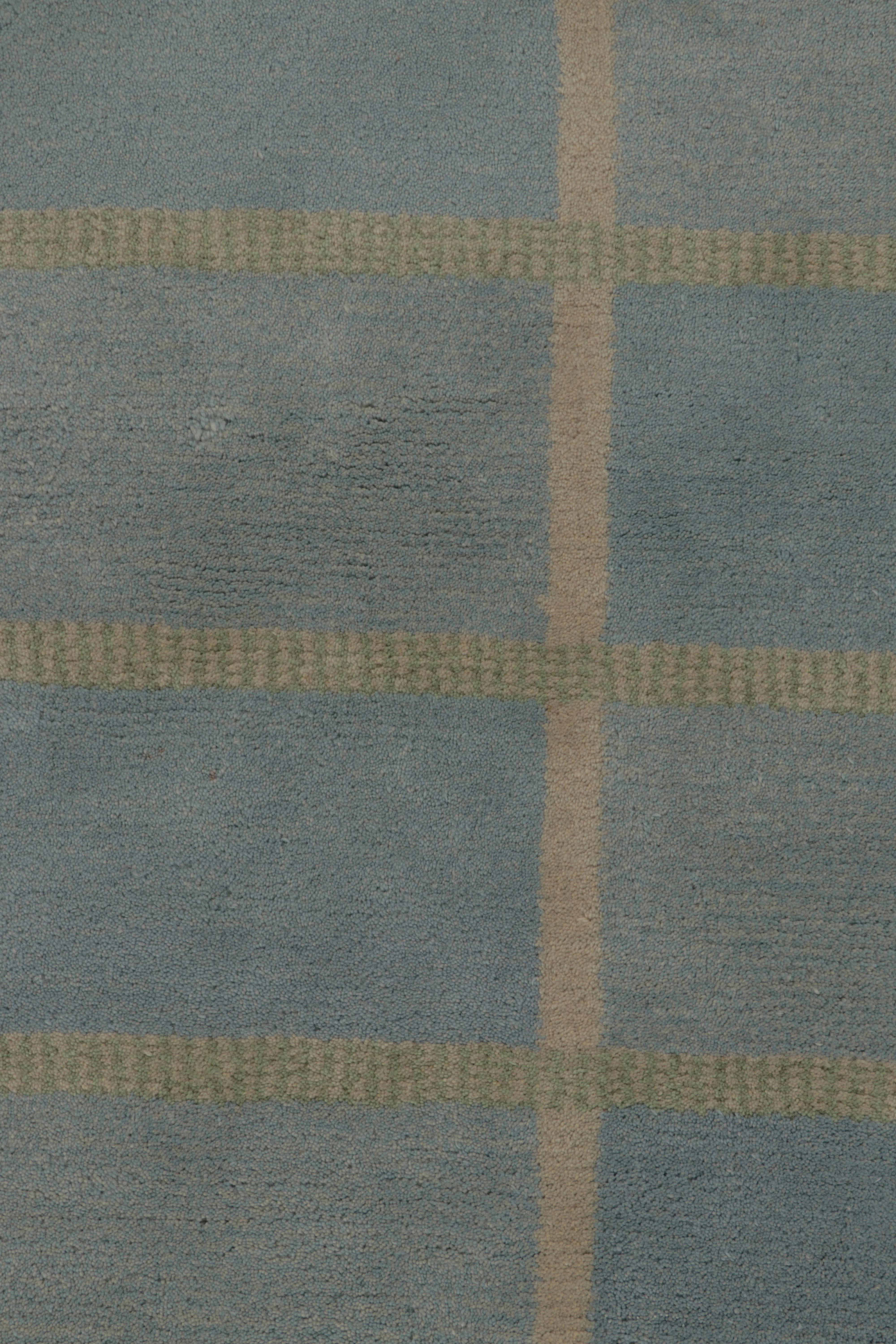 Rug & Kilim’s Swedish Art Deco Inspired Rug in Dusty Blue with Geometric Pattern (Indisch) im Angebot