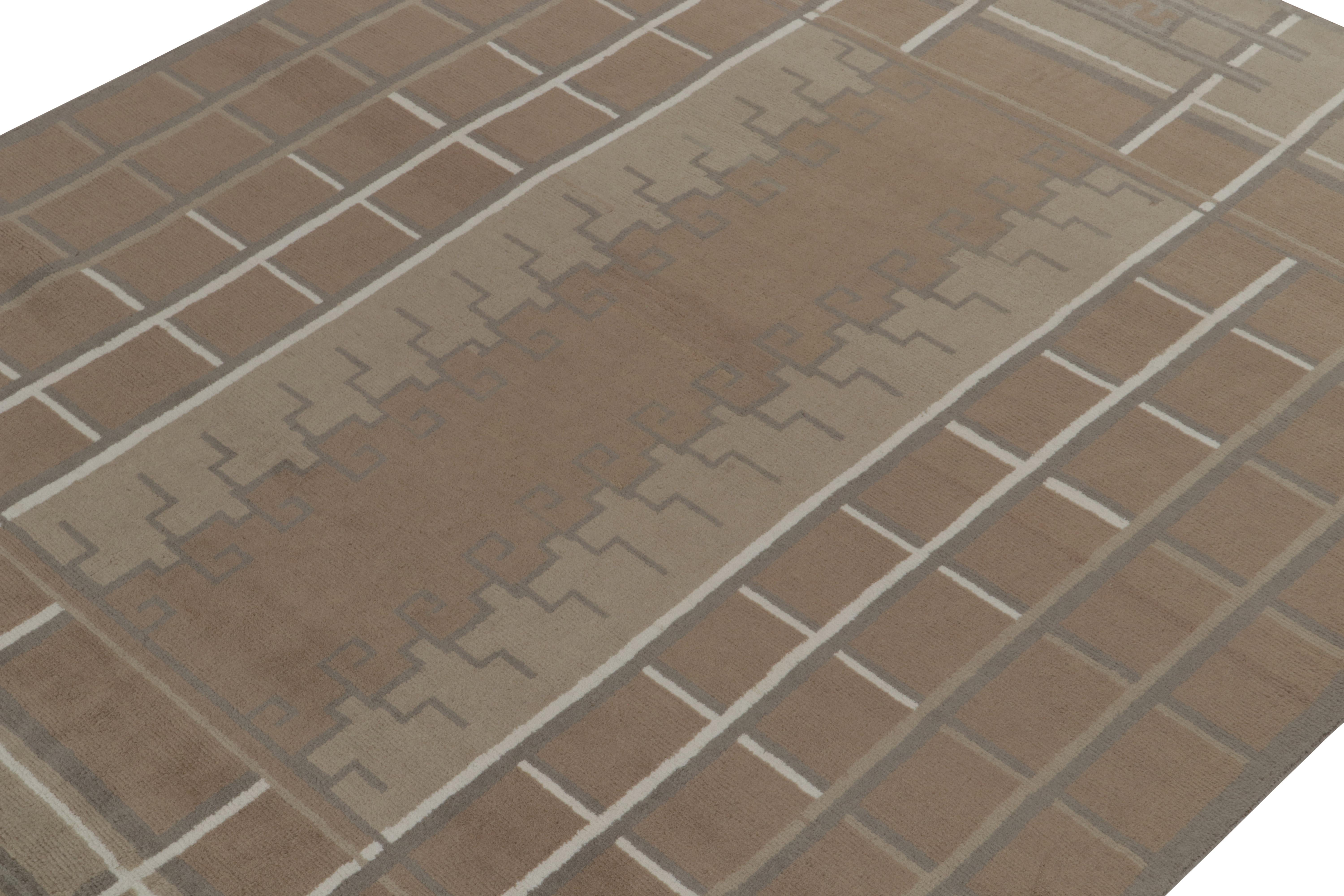 Indian Rug & Kilim’s Swedish Deco style rug in Beige-Brown and Gray Geometric Patterns For Sale