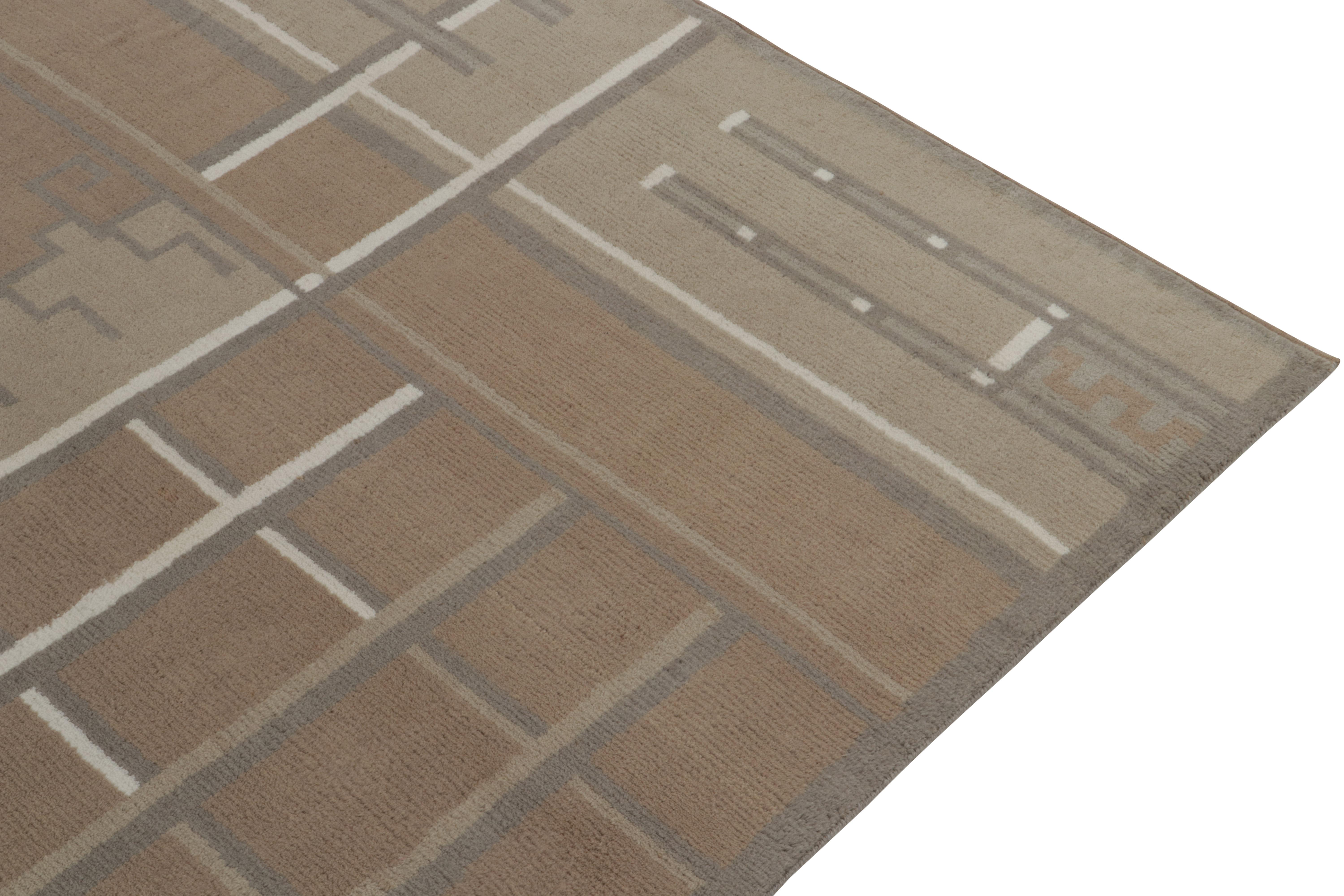 Hand-Knotted Rug & Kilim’s Swedish Deco style rug in Beige-Brown and Gray Geometric Patterns For Sale