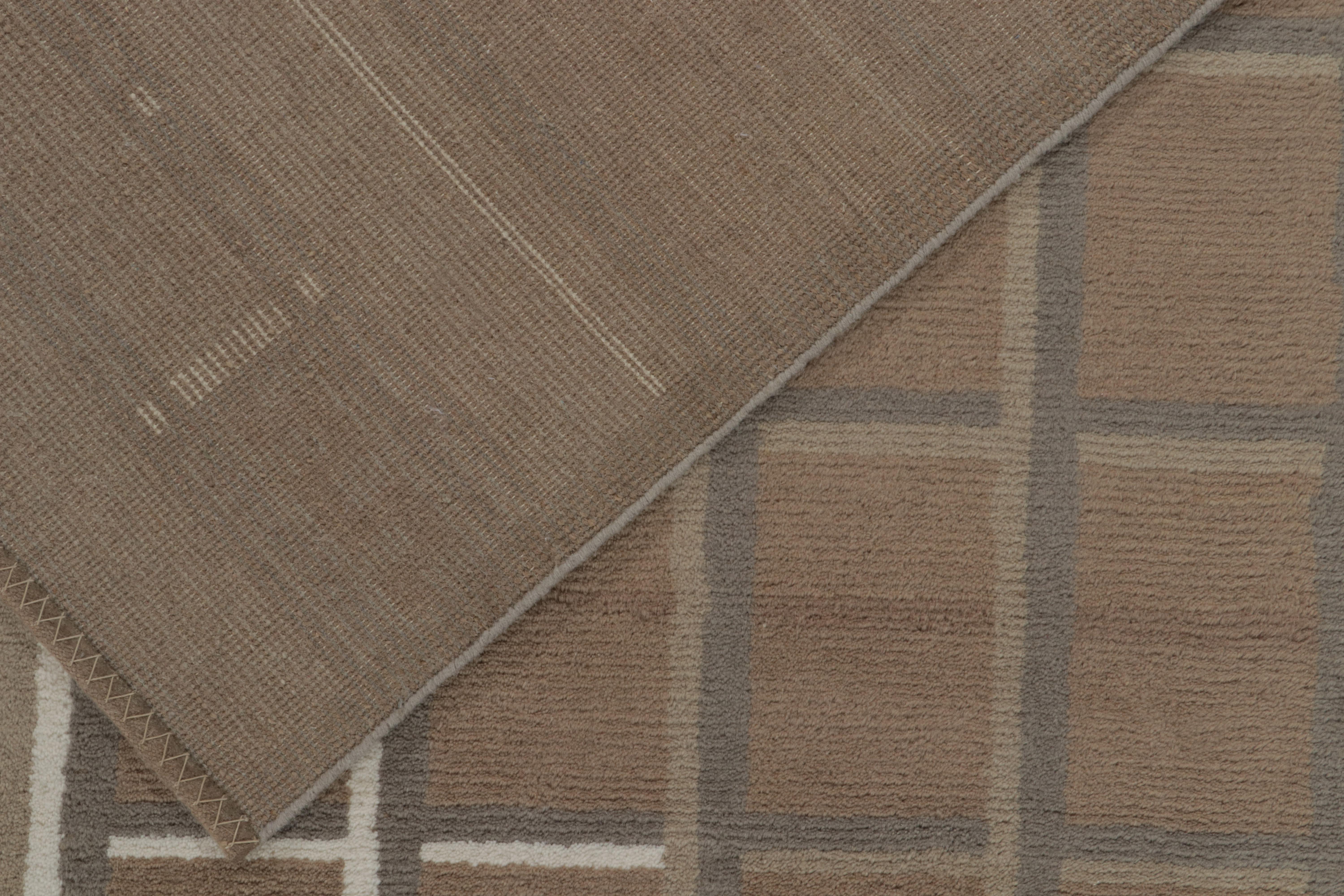 Contemporary Rug & Kilim’s Swedish Deco style rug in Beige-Brown and Gray Geometric Patterns For Sale
