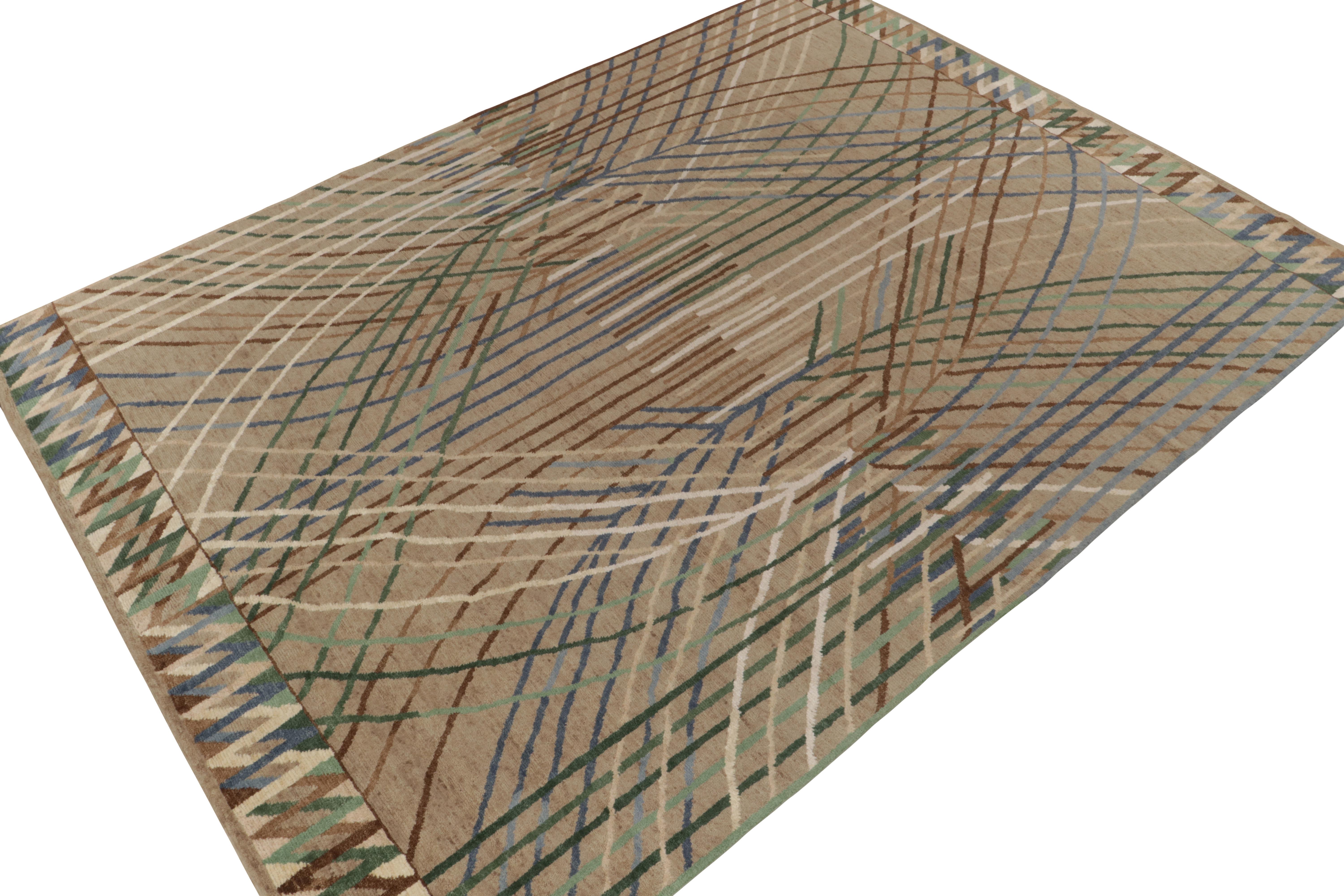 Handgeknüpfter Teppich aus einer Mischung aus Wolle, Hanf und Jute im Format 10x14, inspiriert von schwedischen Deco-Designs aus der Mitte des Jahrhunderts. 

Über das Design: Dieser Teppich nimmt die Finesse der skandinavischen Ästhetik mit einer