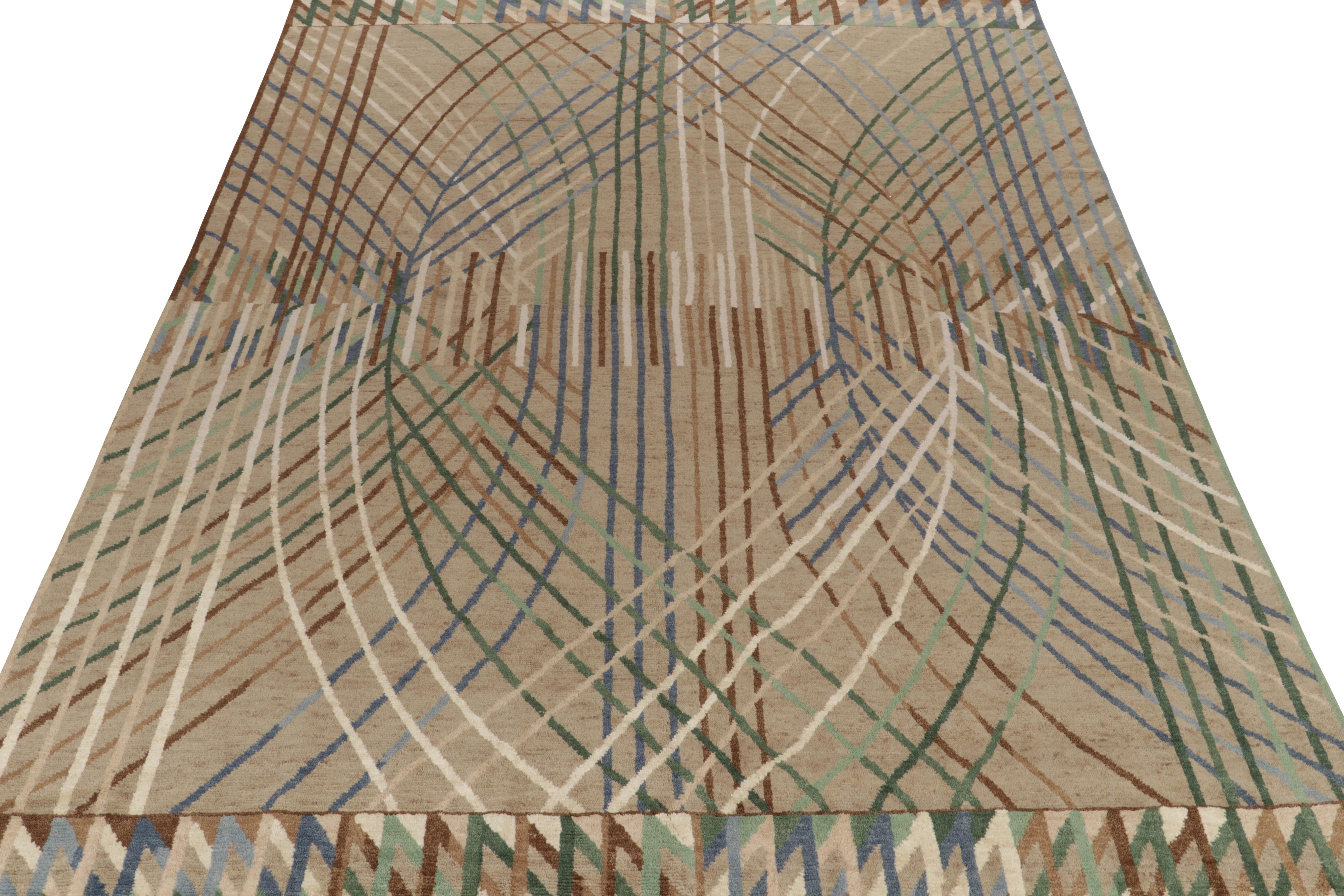 Art Deco Rug & Kilim’s Swedish Deco Style Rug in Beige-Brown with Multicolor Geometry For Sale