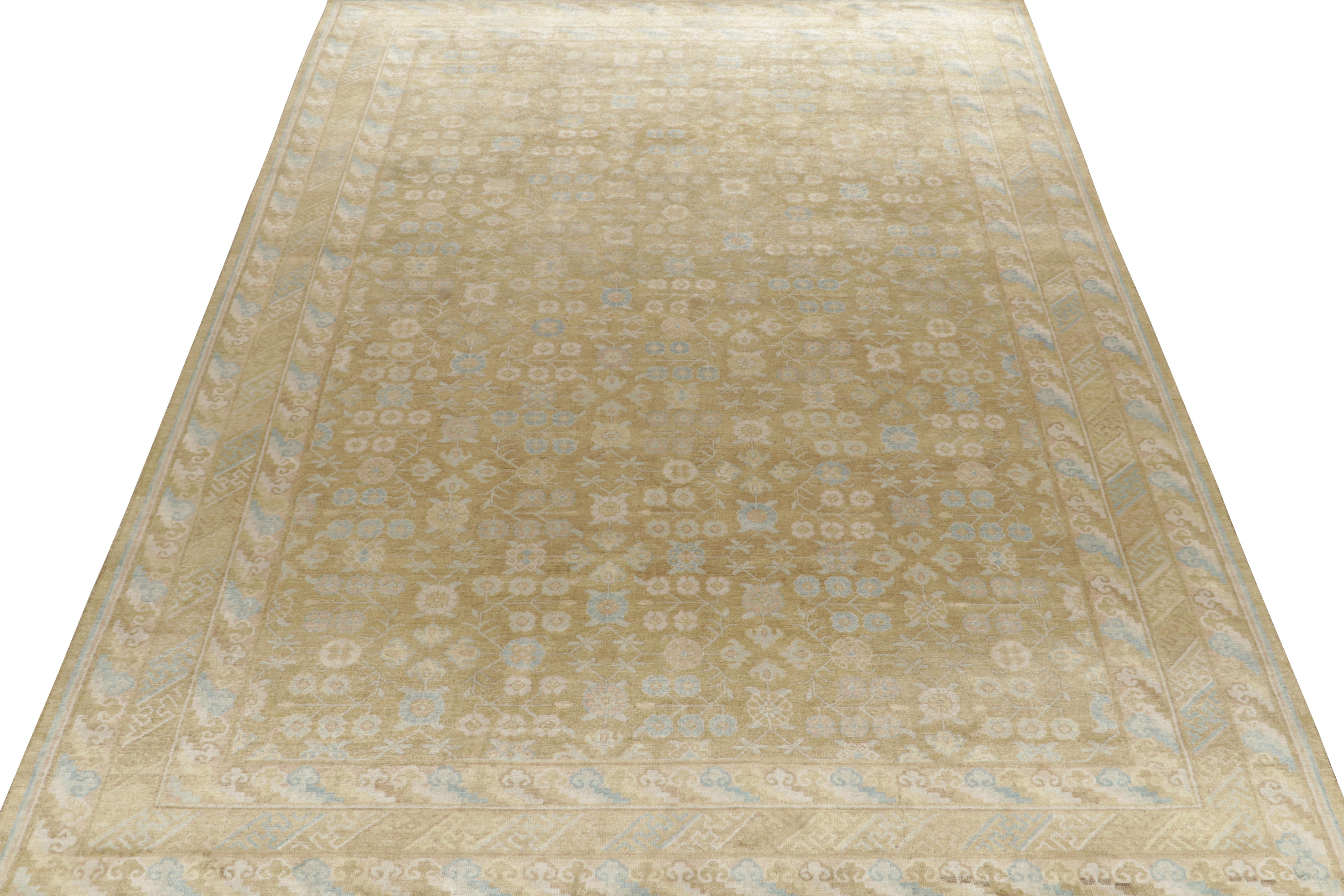 Indian Rug & Kilim’s Khotan style rug in Gold, Beige-Brown and Blue Patterns For Sale