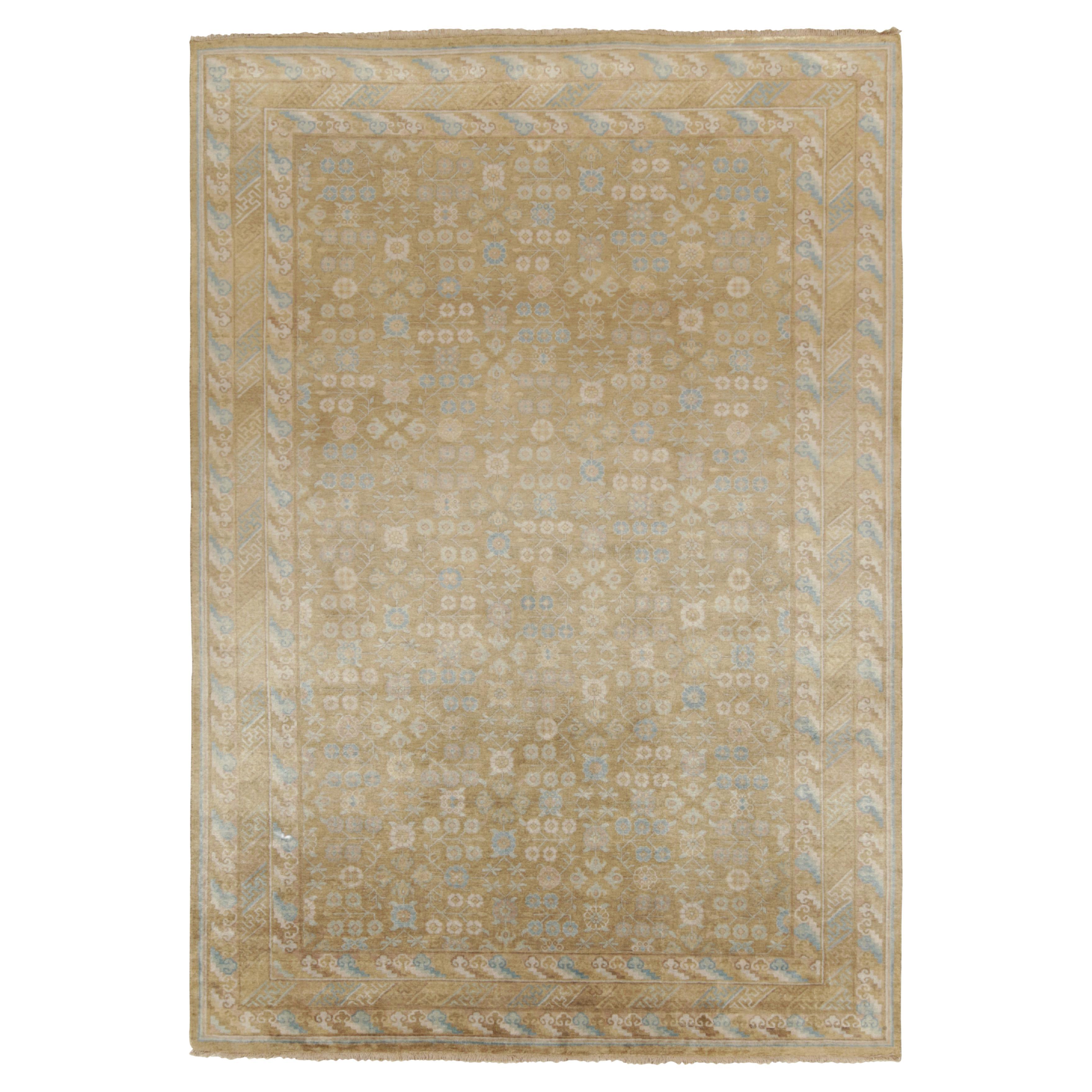 Rug & Kilim’s Khotan style rug in Gold, Beige-Brown and Blue Patterns For Sale