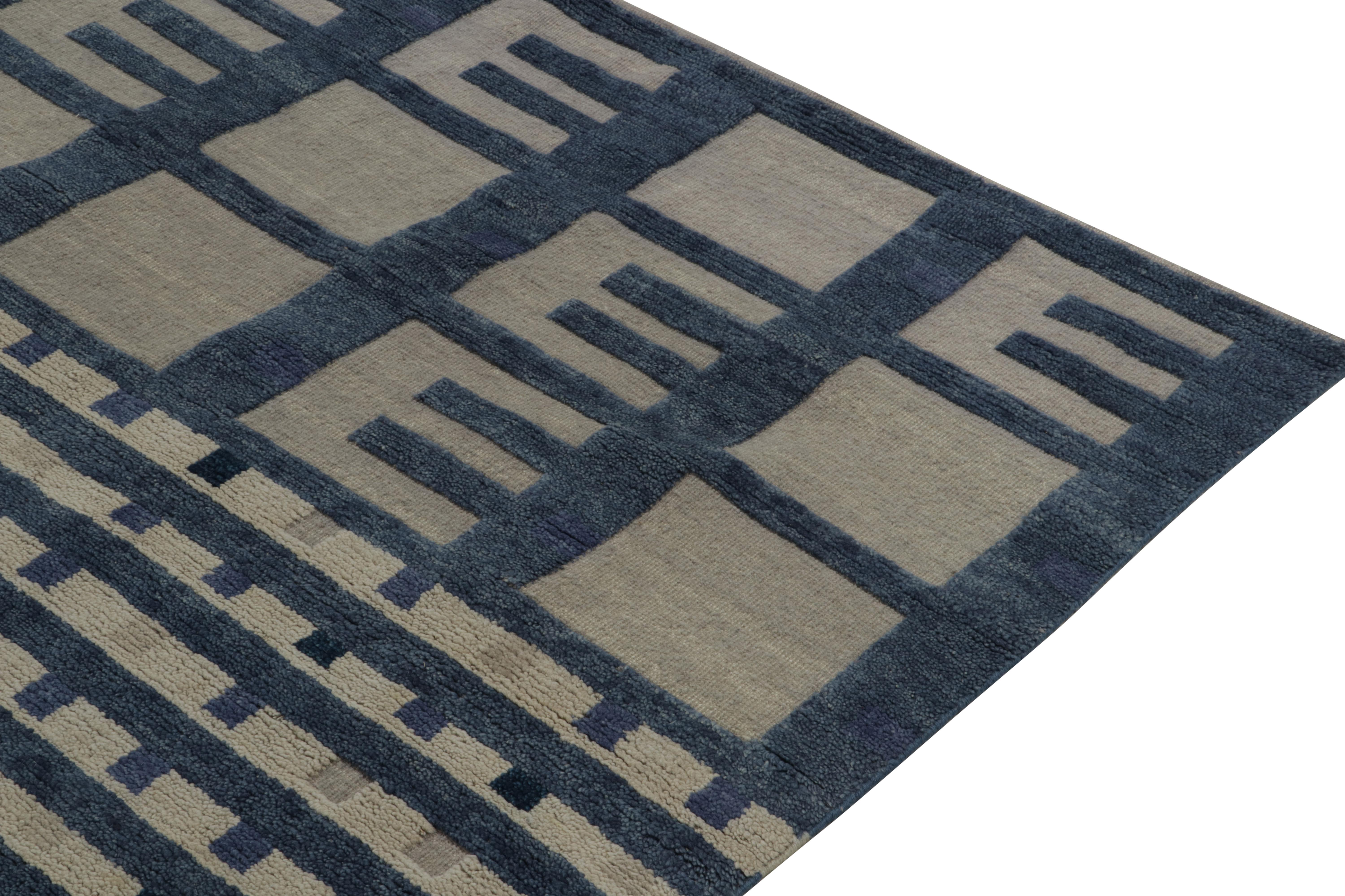 Hand-Knotted Rug & Kilim’s Swedish Deco Style Rug in Blue & Grey High-Low Geometric Patterns For Sale