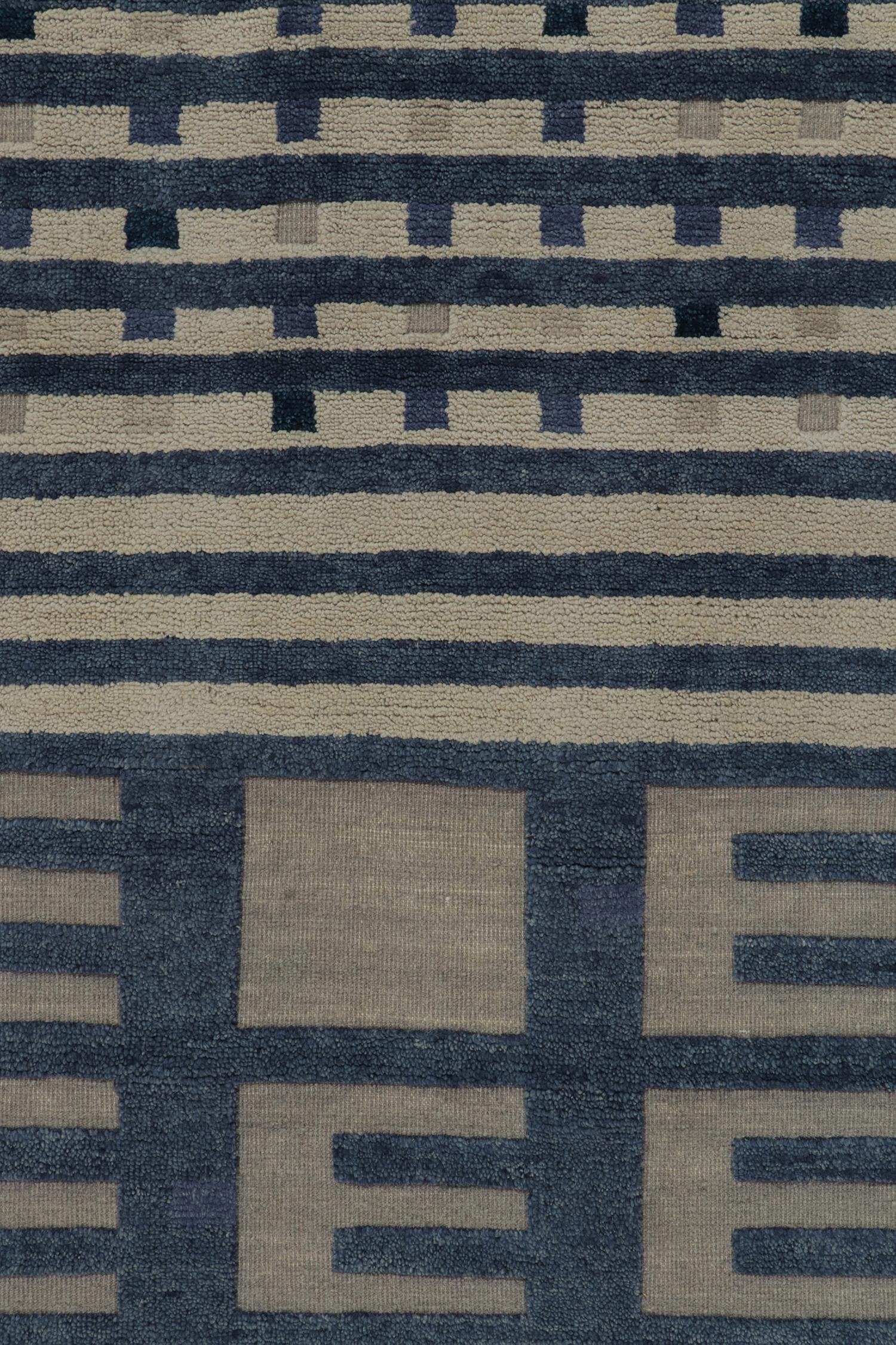 Rug & Kilim’s Swedish Deco Style Rug in Blue & Grey High-Low Geometric Patterns In New Condition For Sale In Long Island City, NY