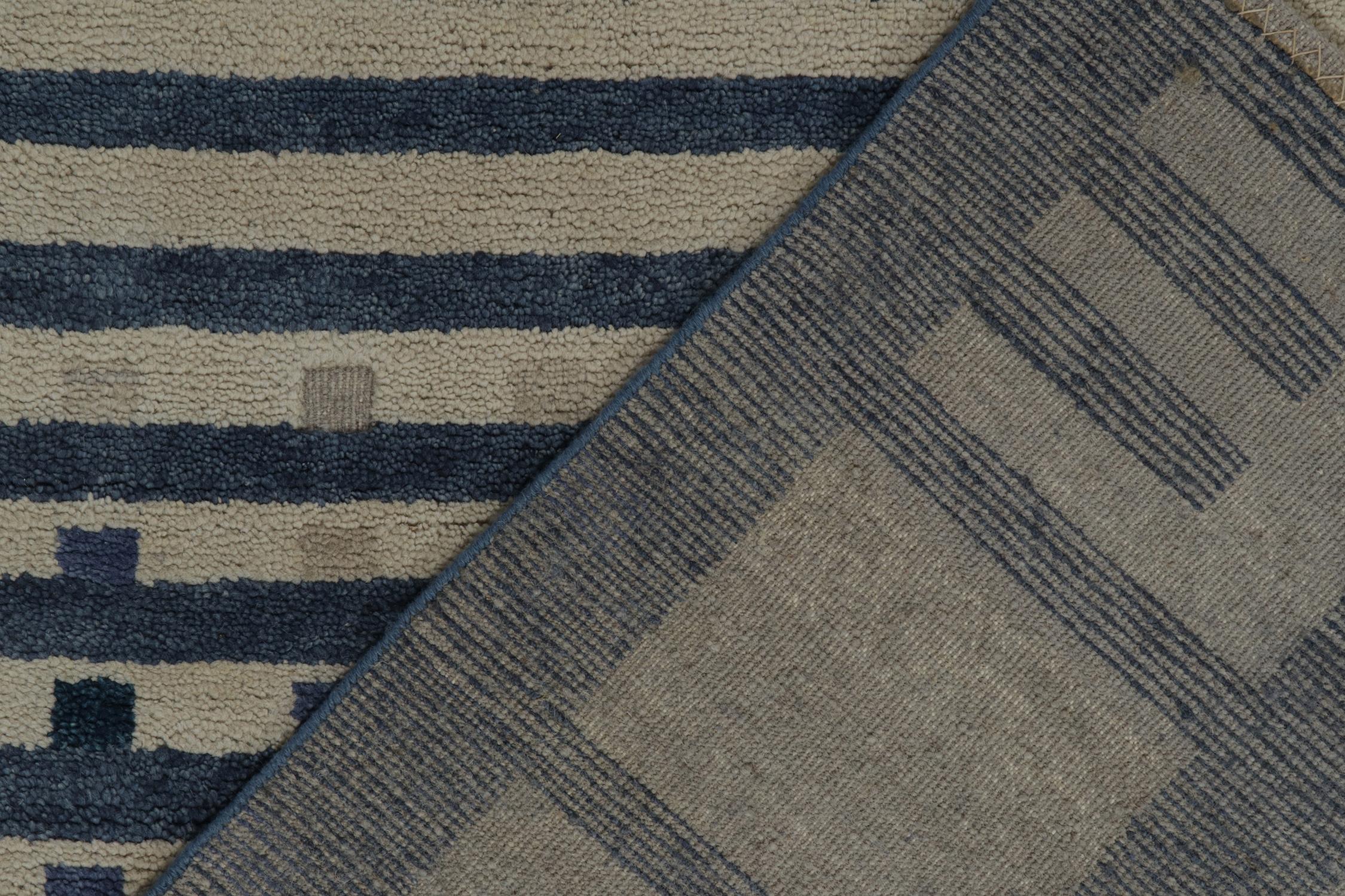 Contemporary Rug & Kilim’s Swedish Deco Style Rug in Blue & Grey High-Low Geometric Patterns For Sale
