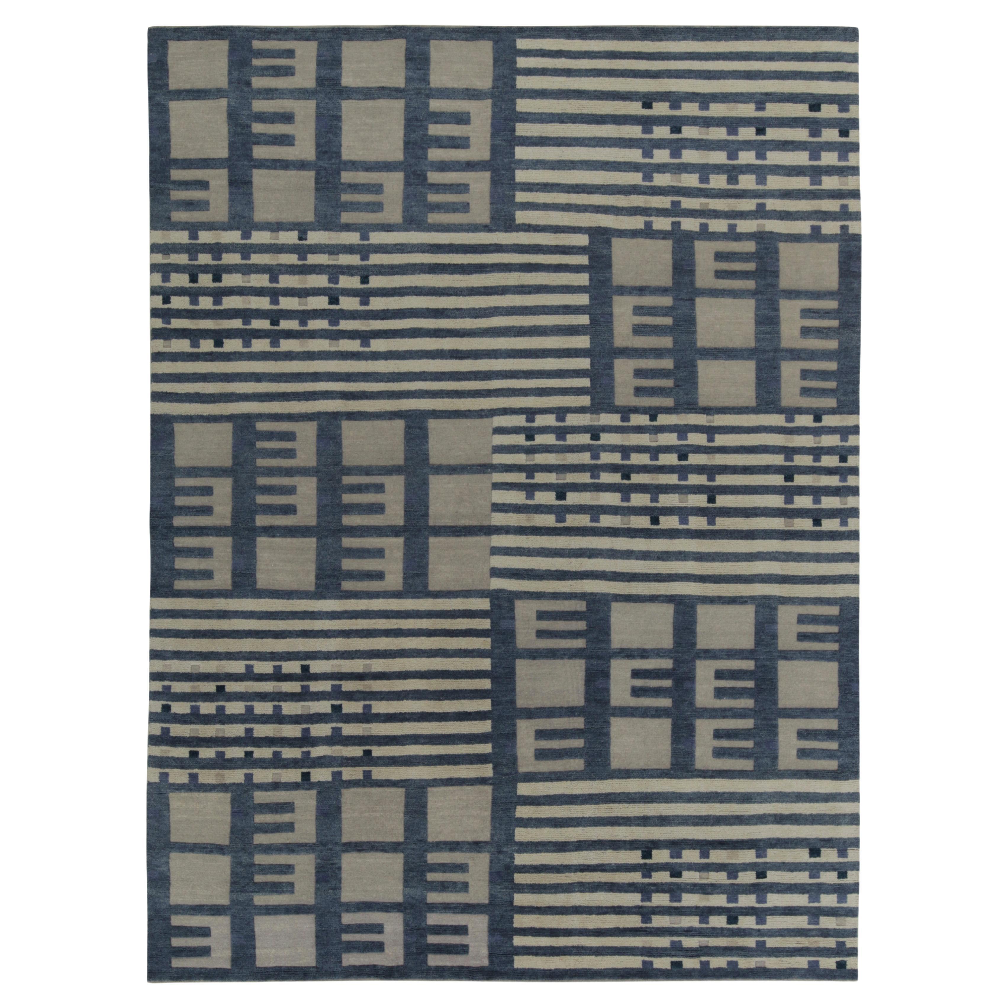 Rug & Kilim’s Swedish Deco Style Rug in Blue & Grey High-Low Geometric Patterns For Sale