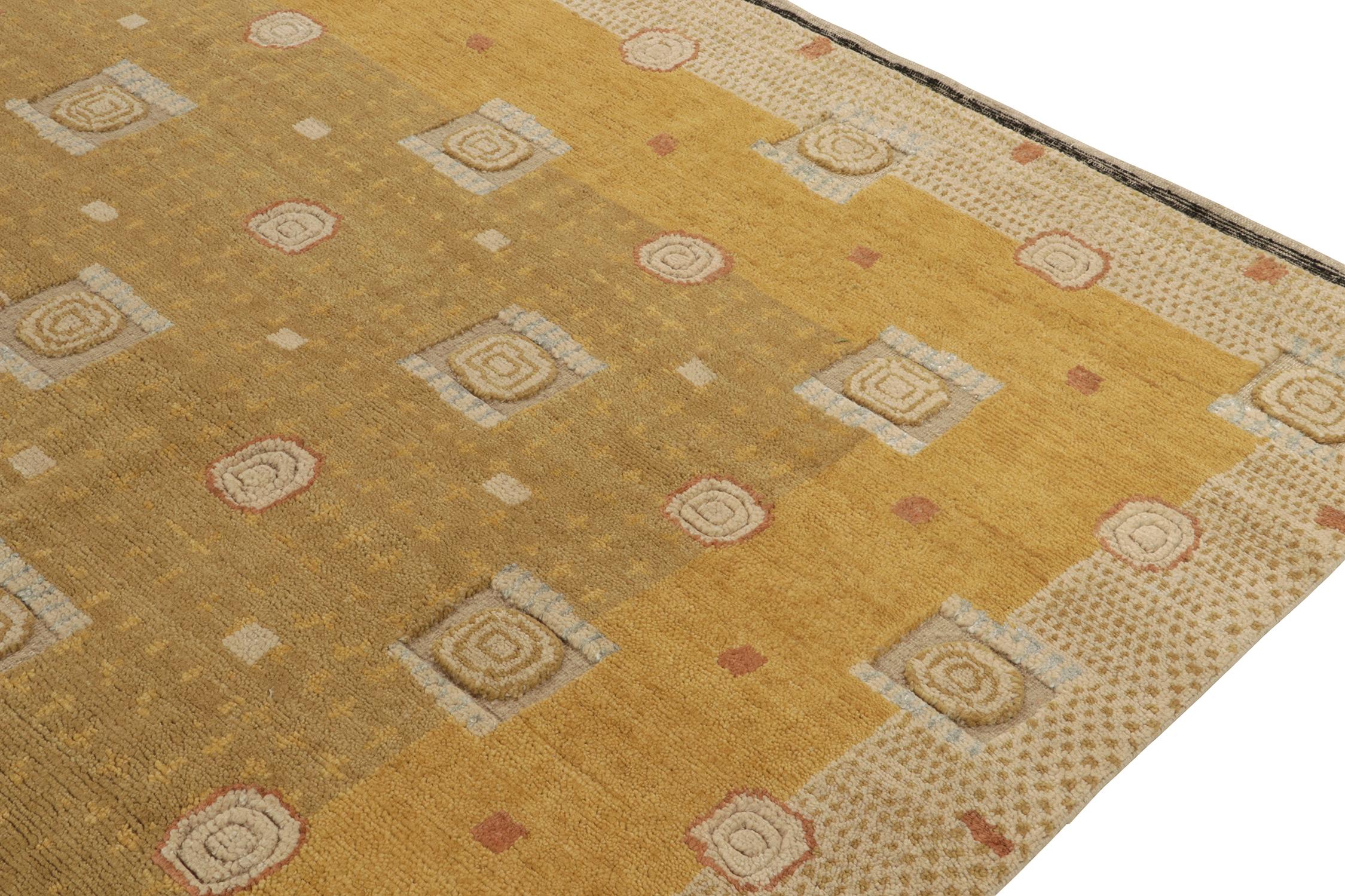 Hand-Knotted Rug & Kilim’s Swedish Deco Style Rug in Gold and Beige-Brown Geometric Pattern For Sale