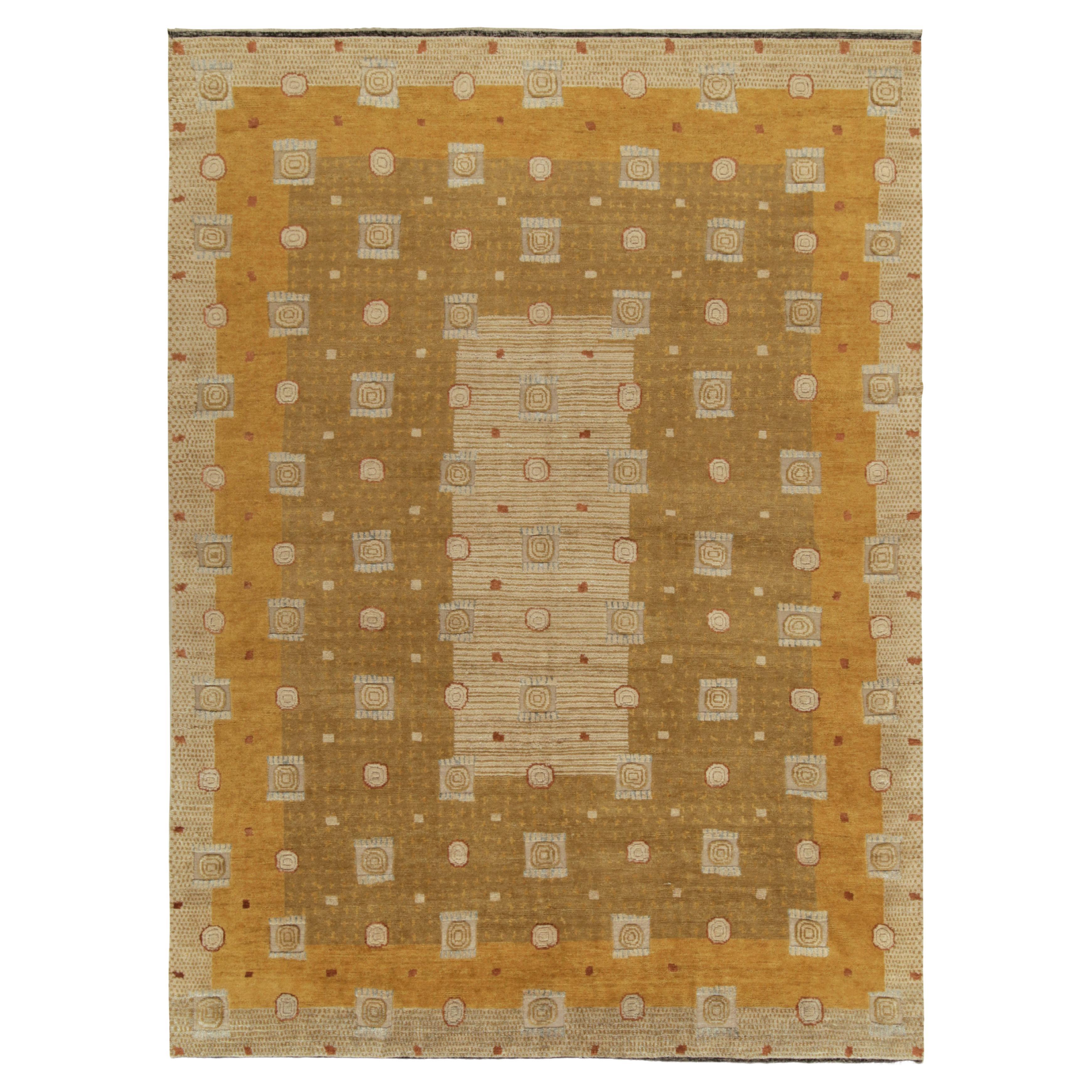 Rug & Kilim’s Swedish Deco Style Rug in Gold and Beige-Brown Geometric Pattern For Sale