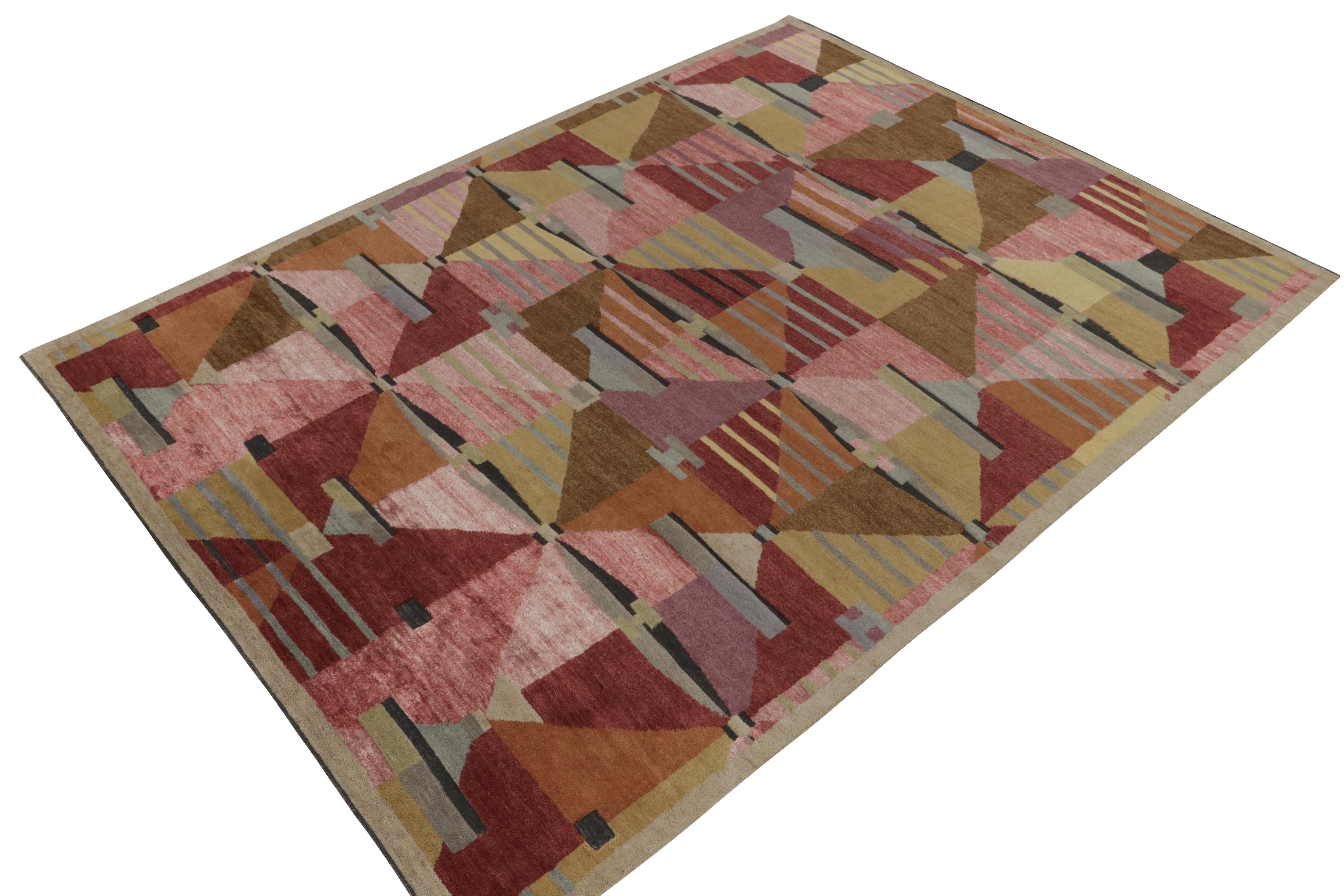 Hand-knotted in wool, a 9x12 ode to Swedish Deco rug styles, from Rug & Kilim’s exciting new Deco Collection. 

On the design: Inspired by Scandinavian works of the mid 20th century, a brilliant spectrum of pinks, reds, browns and golds create