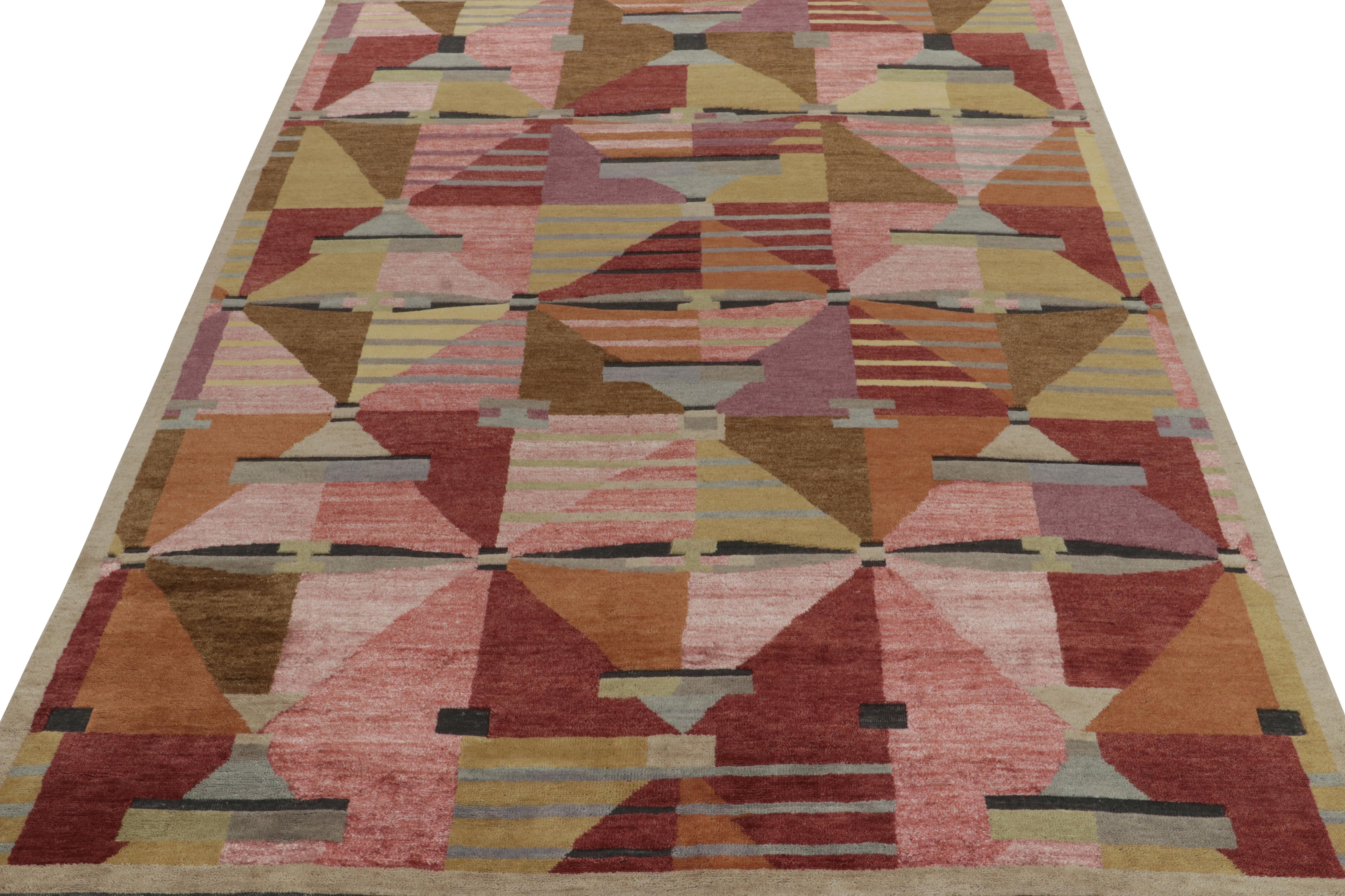 Art Deco Rug & Kilim’s Swedish Deco Style Rug in Pink, Red and Beige-Brown Patterns For Sale