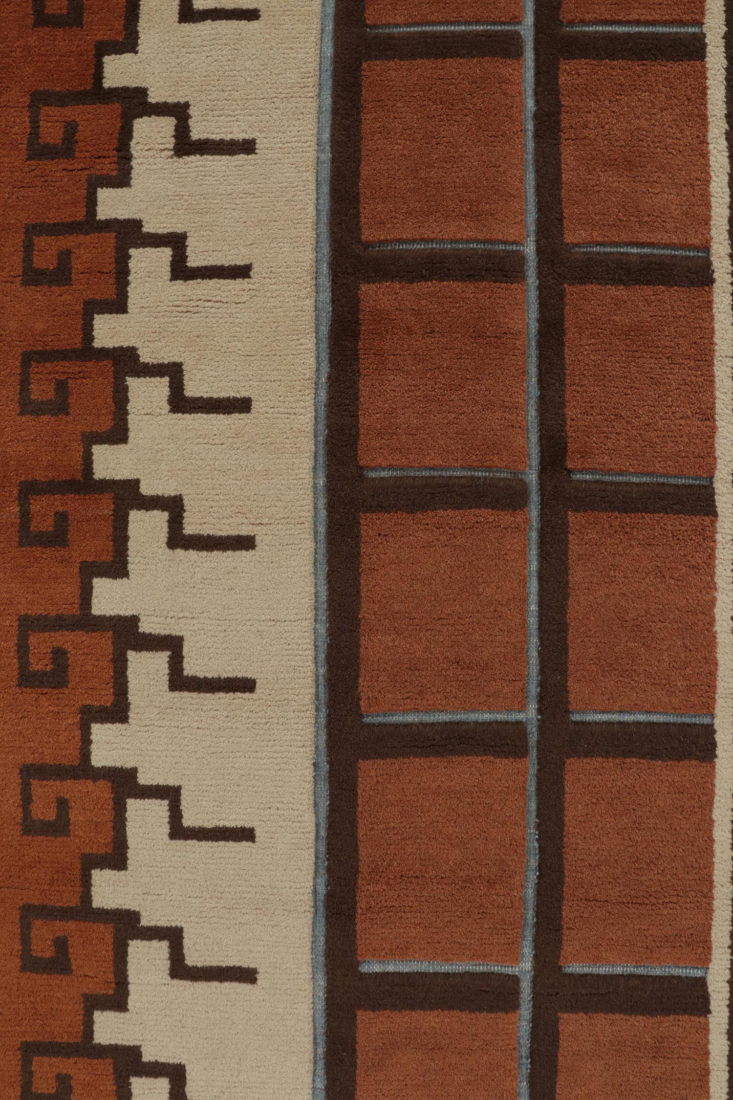 Rug & Kilim’s Swedish Deco Style Rug in Rust-Orange, Beige-Brown & Blue Patterns In New Condition For Sale In Long Island City, NY
