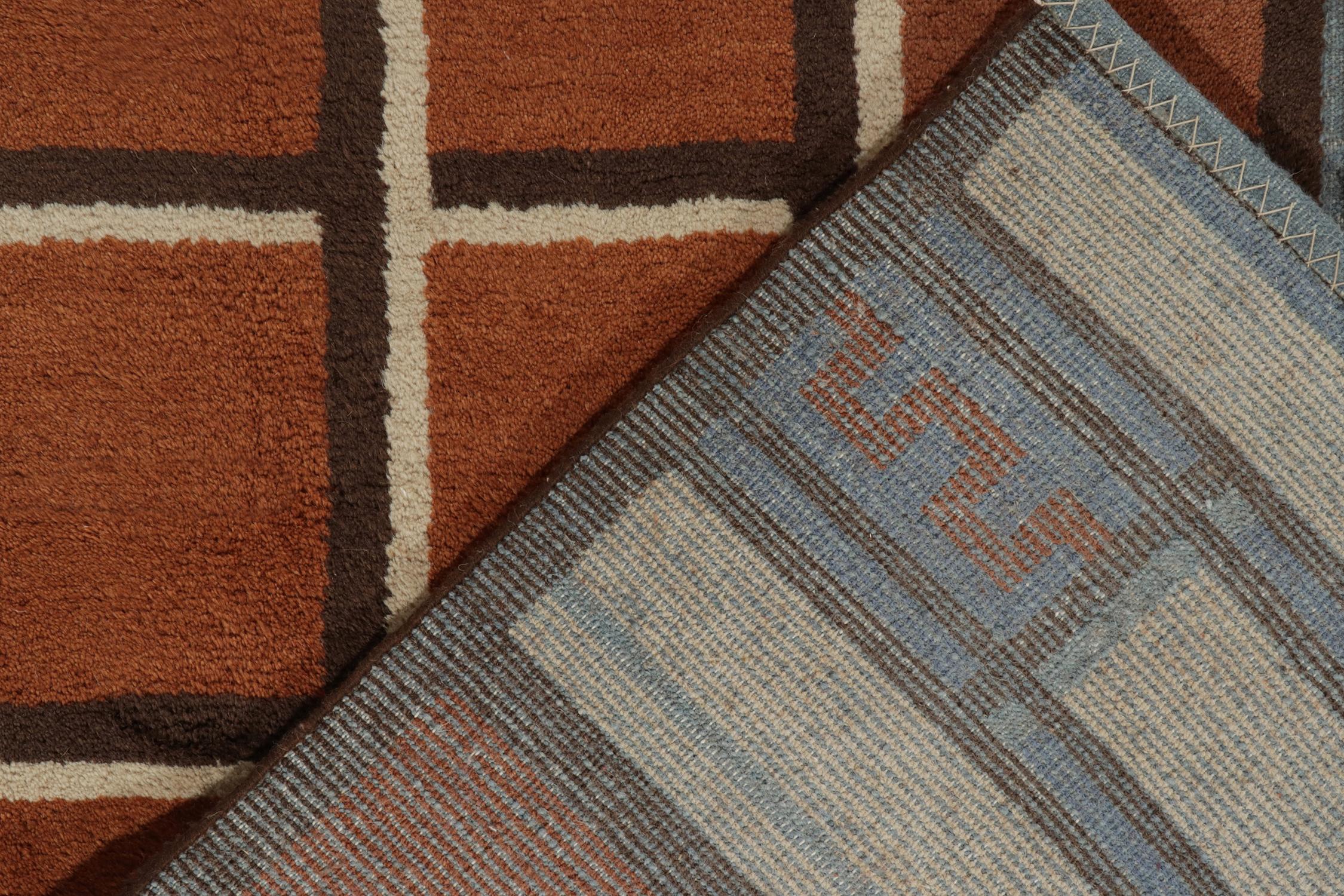 Contemporary Rug & Kilim’s Swedish Deco Style Rug in Rust-Orange, Beige-Brown & Blue Patterns For Sale